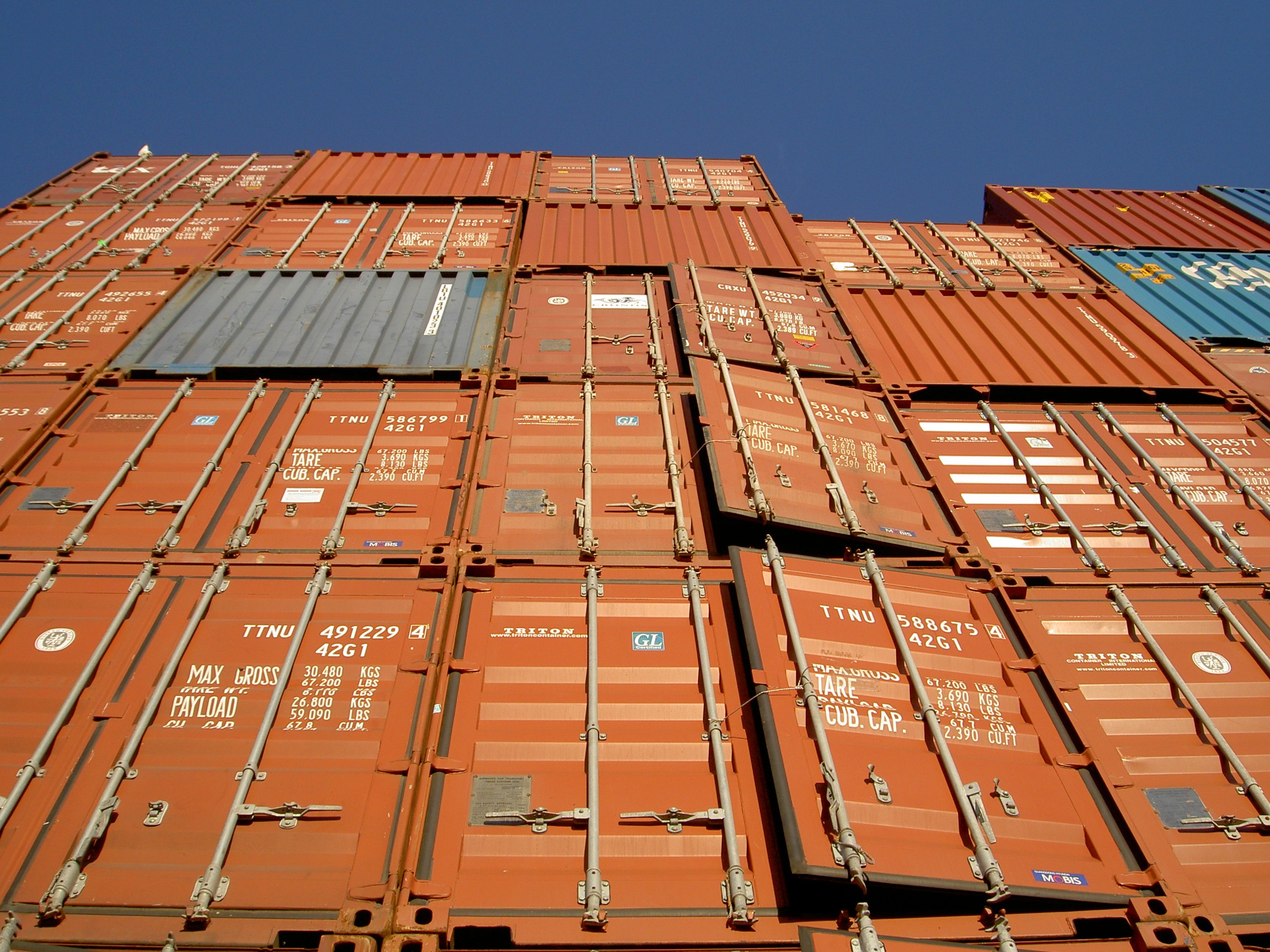 outdoors, container, industry, shipping, sunlight, building, angle, low, sky, stacked, outside, antwerp, freight Transportation, orange, day, containers, HD Wallpaper