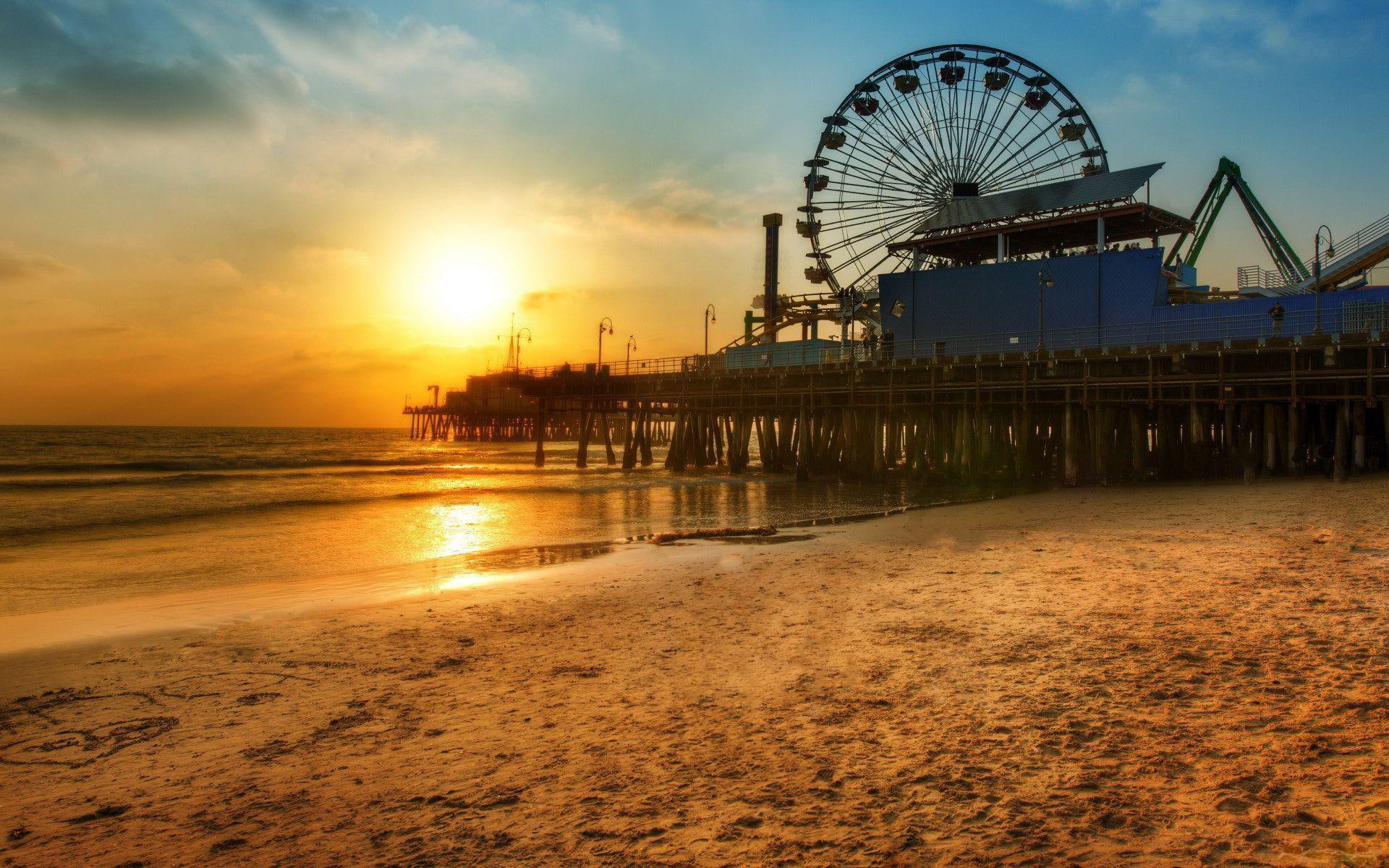 sunset, sand, amusement park, park, 1080P, pier, shoreline, carnival, shore, 1920x1200, ferris wheel, near, beaches, brown, amusement, HD Wallpaper