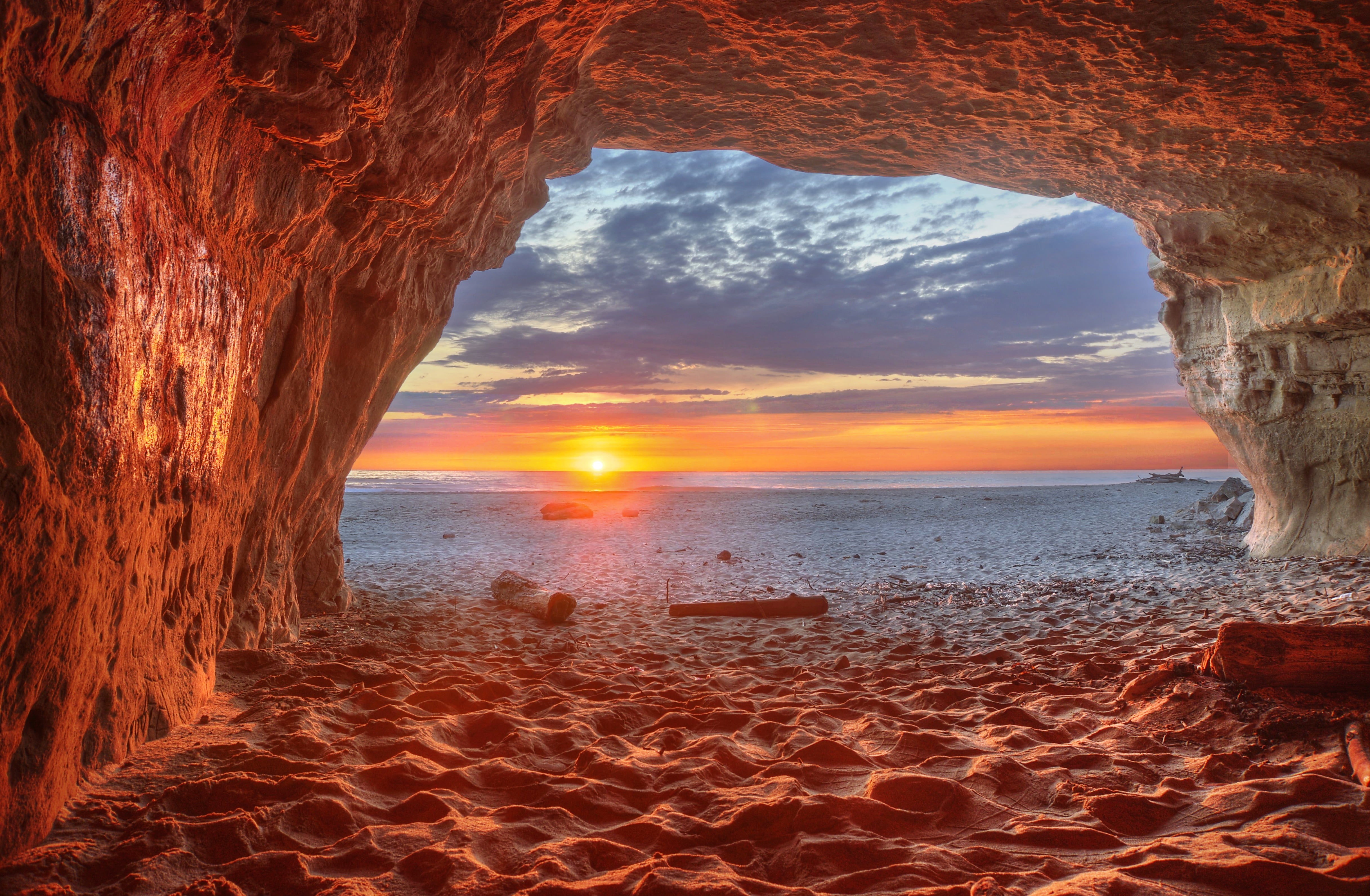 landscape, salty, sunset, cliff, air, cloudy, sunset  coast, beach, nature, 4K, view, sunset  California, cave, scenics, day, sea, Photomatix, evening, HD Wallpaper
