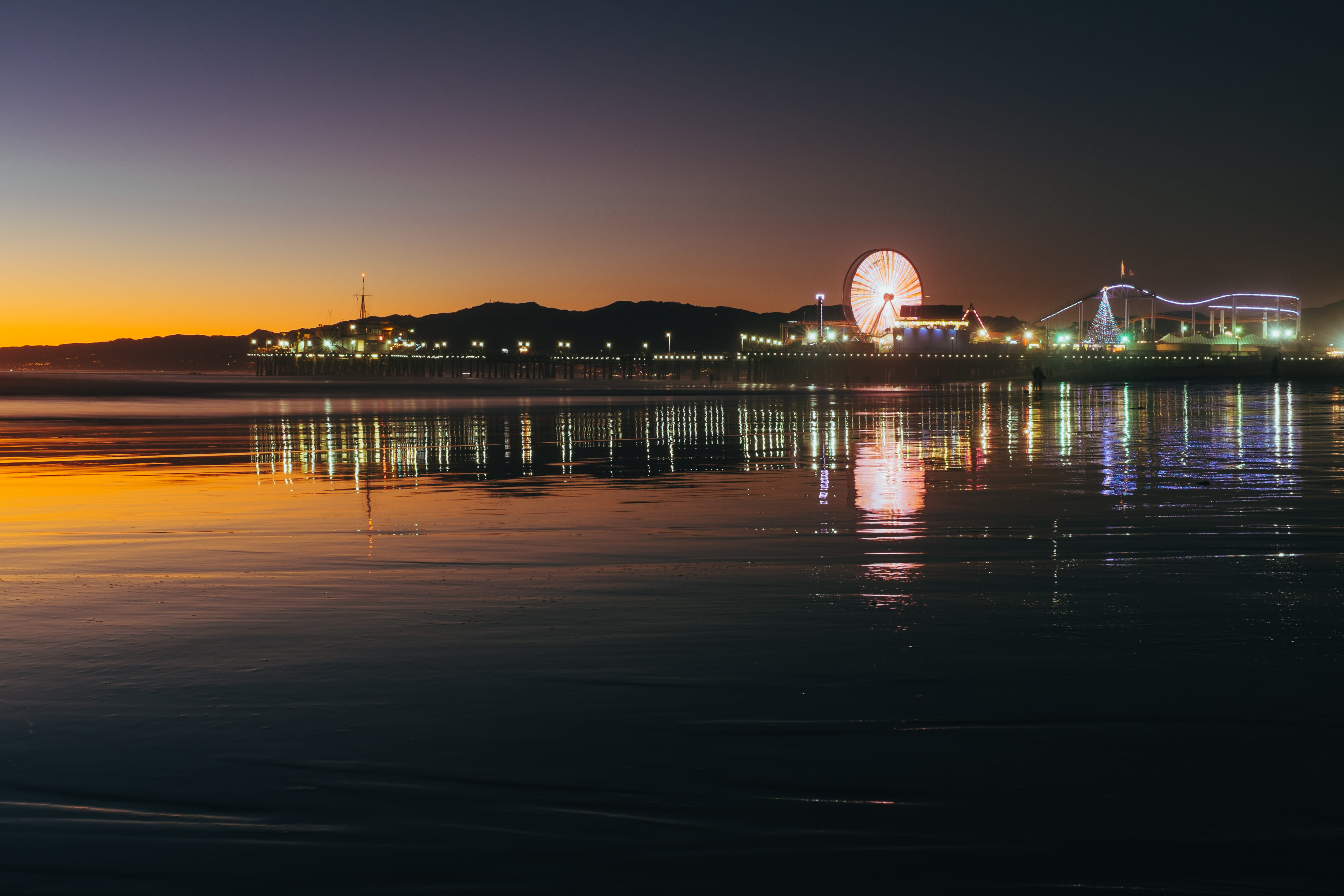 built structure, waterfront, sunset, river, santa monica, architecture, no people, beach, reflection, illuminated, scenics - nature, cali, city, pier, bridge, HD Wallpaper