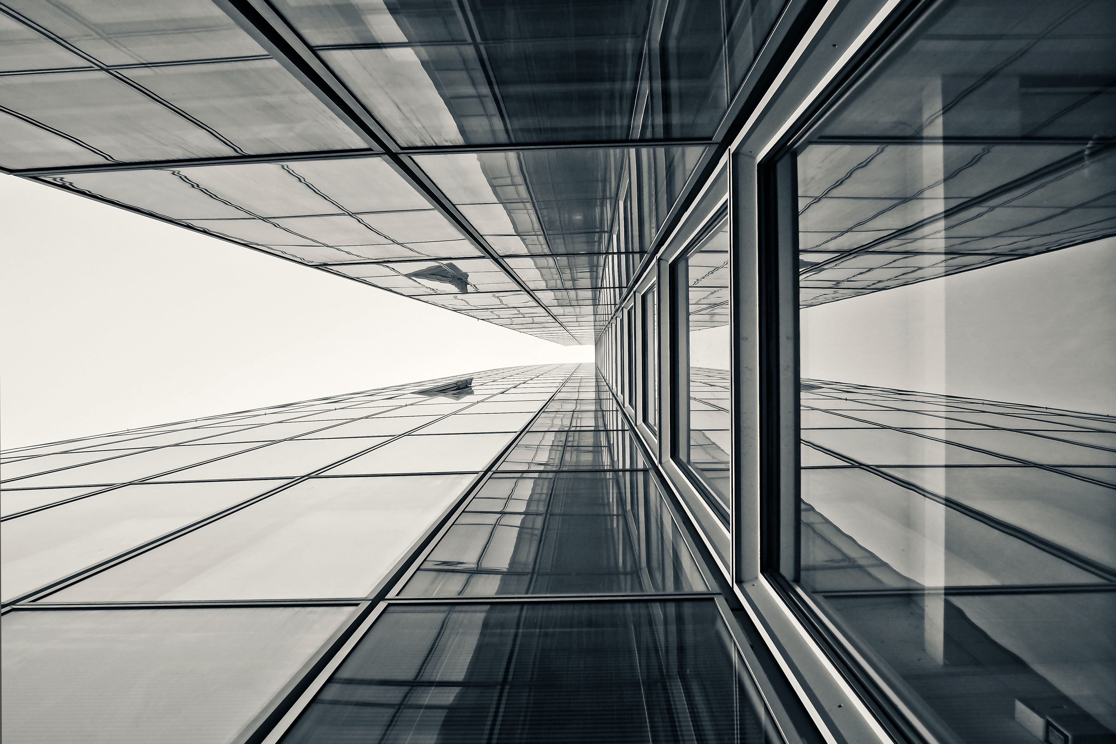 office, 4K, abstract, glass facades, sky, facade, alloy, reflection, view, day, low angle shot, steel, escape, built structure, outdoors, urban, city, HD Wallpaper