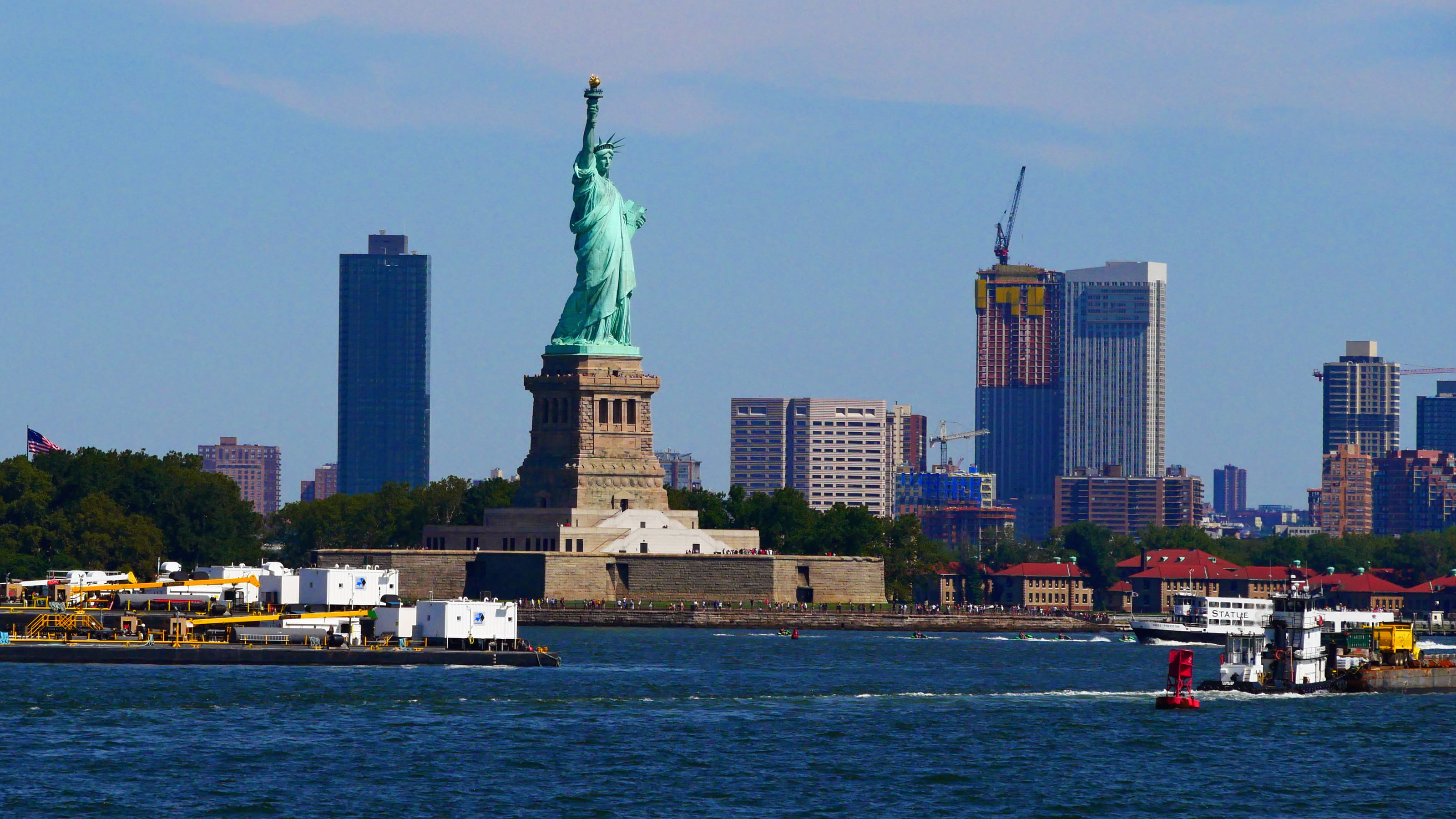 water picture, icon, torch, york, statue, cityscape, harbor view, traffic, sculpture, built structure, city, new jersey, liberty, boats, building, freedom, HD Wallpaper