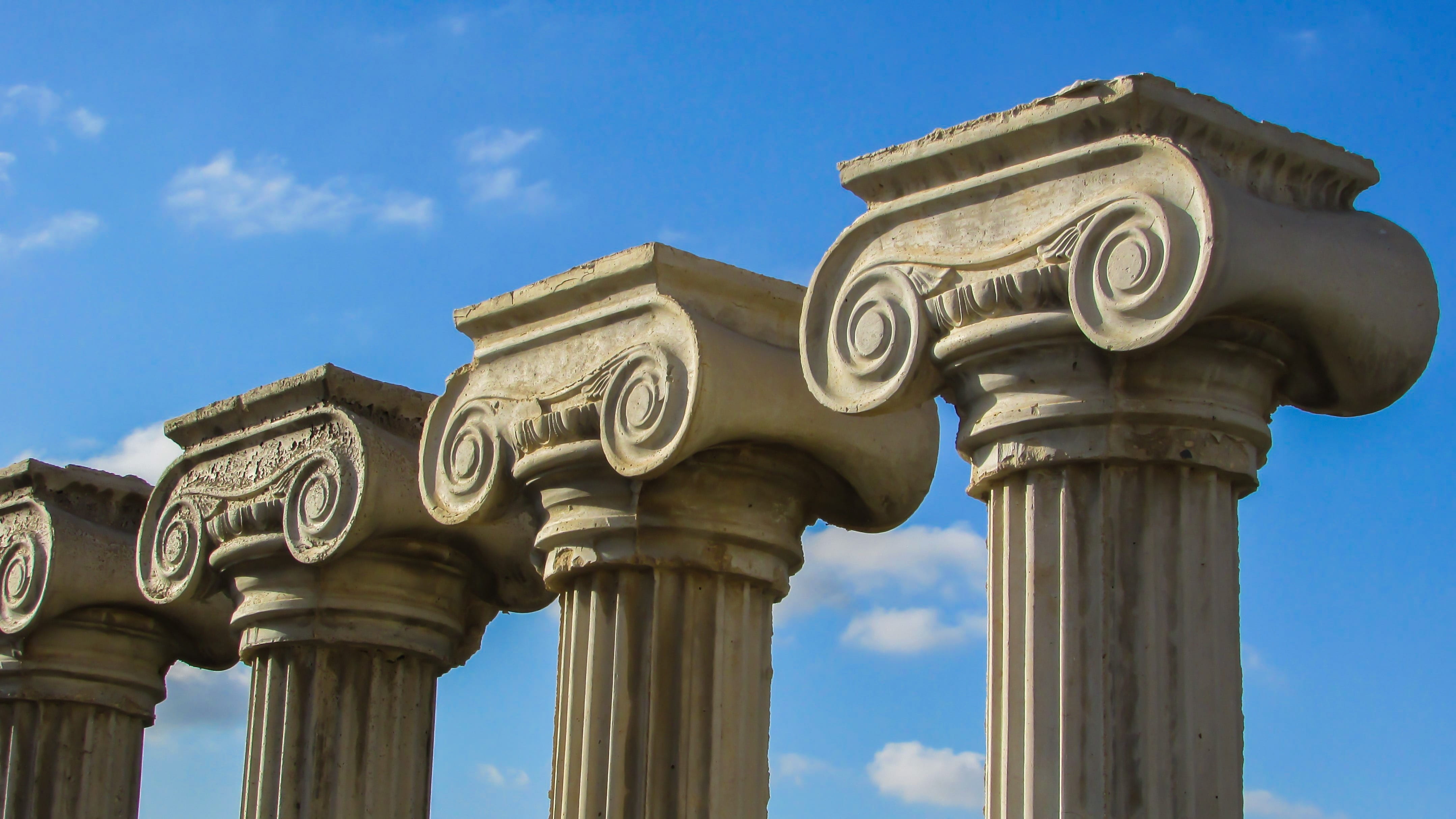 architectural column, no people, travel destinations, archaeology, neo-classical, the past, architecture, built structure, classical, sunlight, pillar capitals, HD Wallpaper