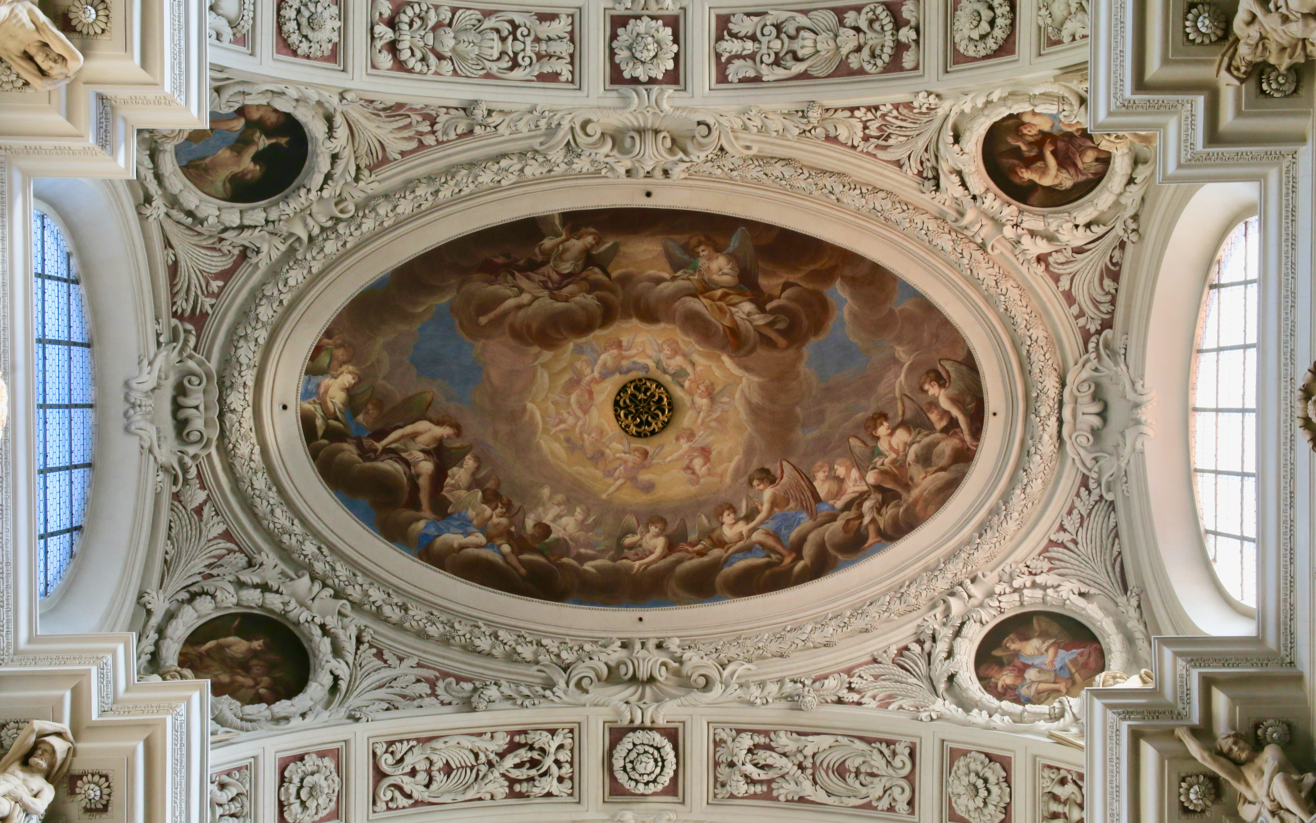 human representation, indoors, architecture and art, religion, mural, carving - craft product, 5K, passau, ceiling, directly below, low angle view, architectural feature, HD Wallpaper