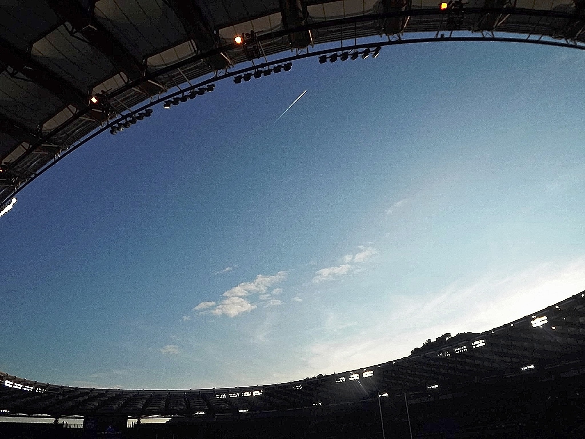 geometric shape, building exterior, stadium, sky, blue, nature, rome, built structure, architecture, outdoors, view, low, 1080P, fish-eye lens, city, ball, HD Wallpaper