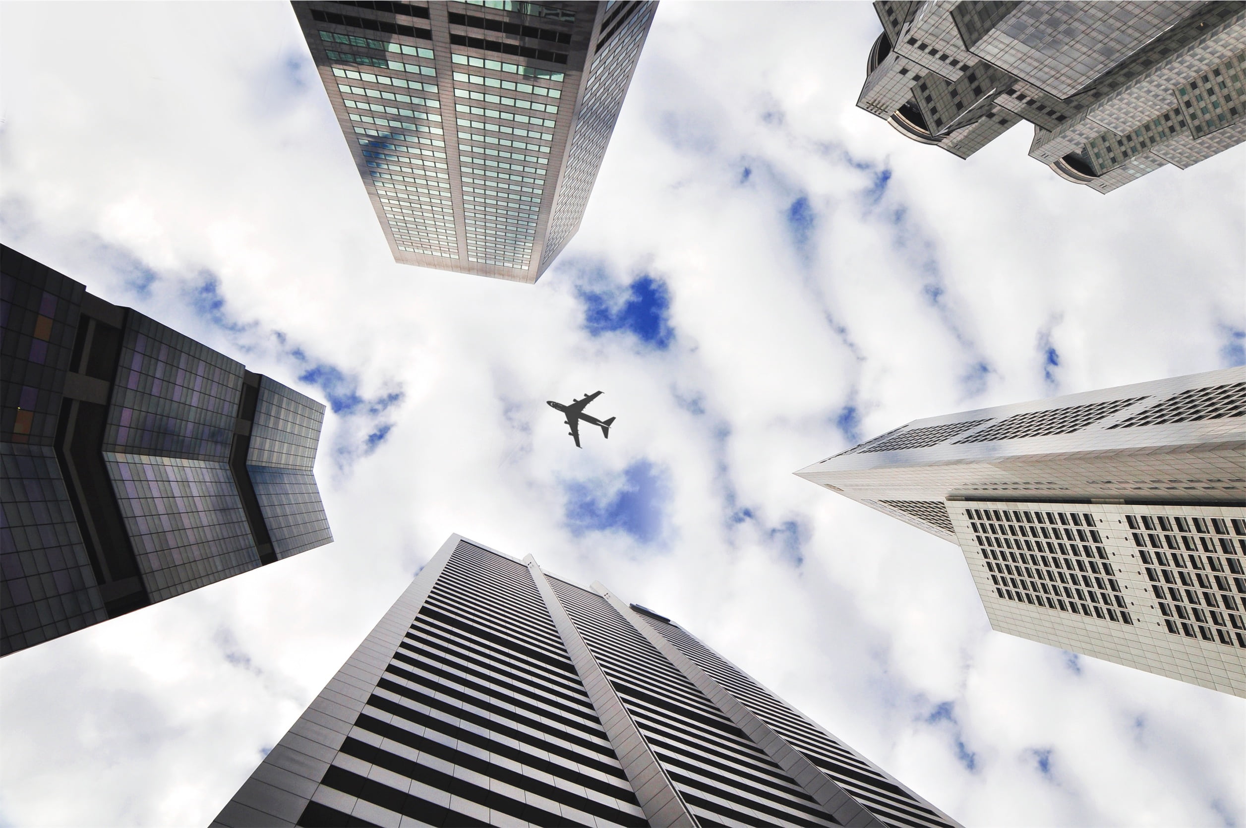 airplane, buildings, transportation, top, view, trip, business, cityscape, built structure, cloud - sky, office building exterior, mode of transportation, HD Wallpaper