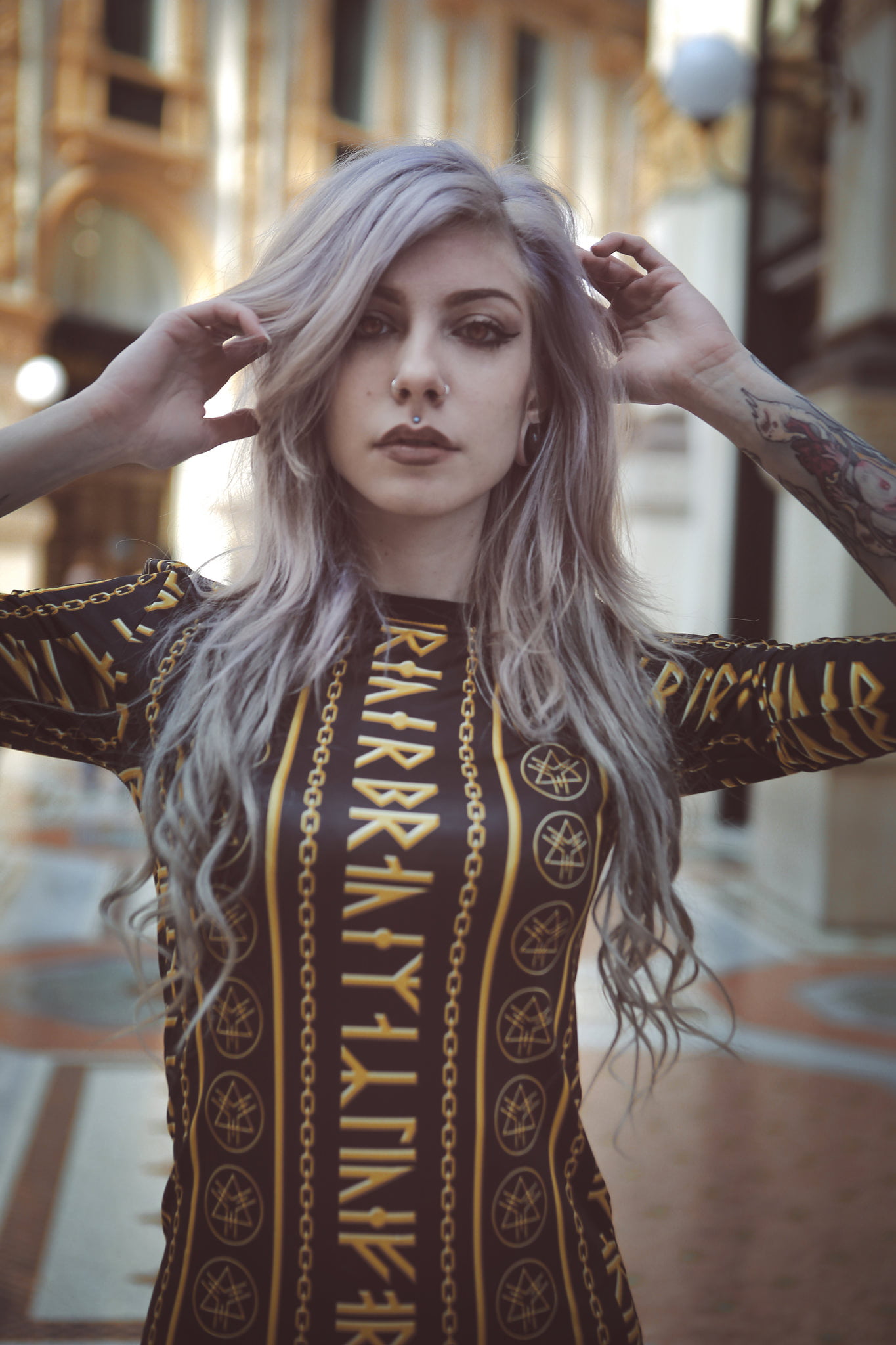 young women, beauty, long hair, Michela Navarra, arms raised, standing, tattoo, young adult, architecture, hairstyle, focus on foreground, beautiful woman, Phone HD Wallpaper