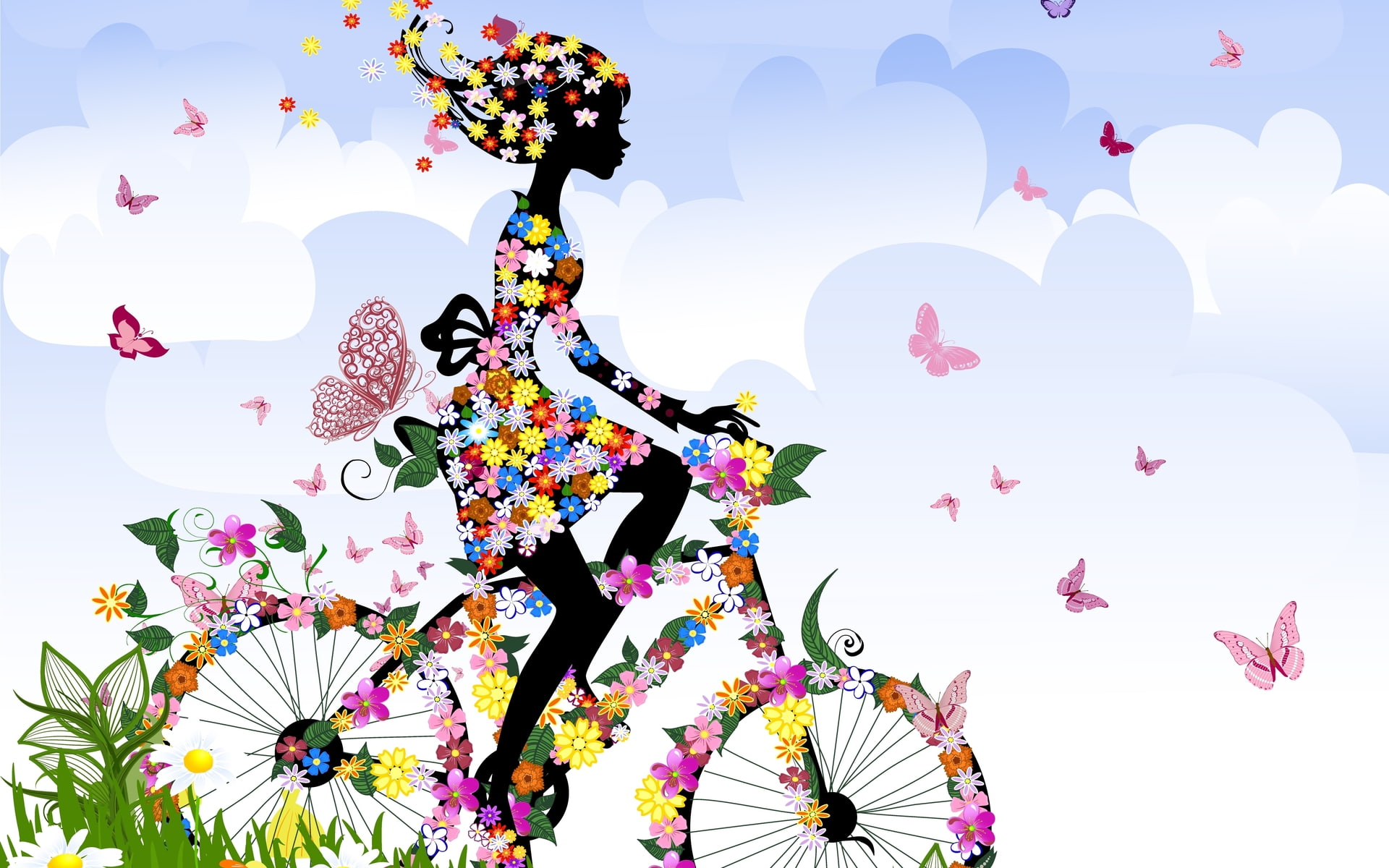 flowers, sky, vector, 1080P, females, riding, motion, anime, cartoon, butterfly, art, seasons, vehicles, spring, legs, style, bicycle, girls, clouds, insects, HD Wallpaper