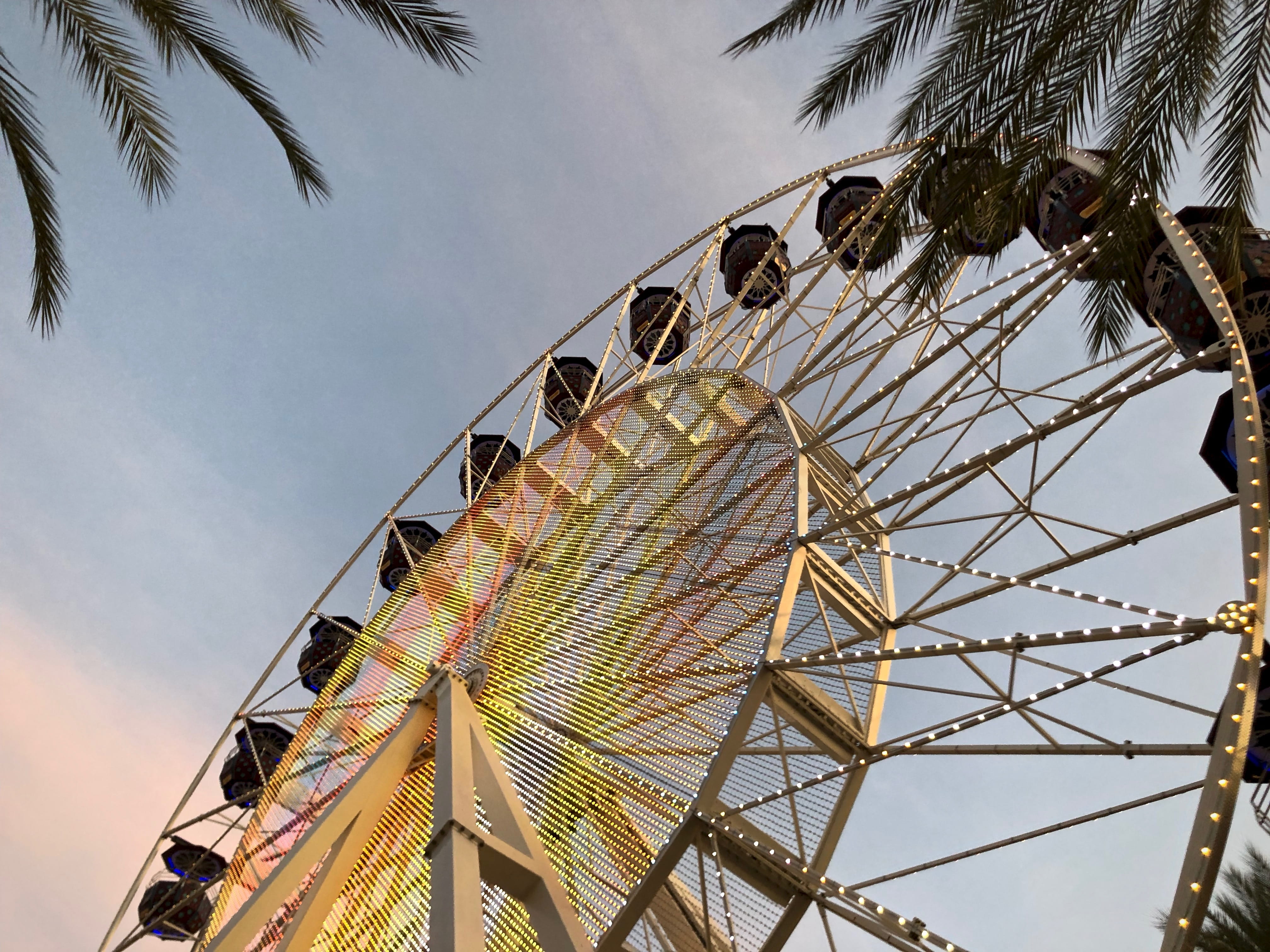 united states, leisure activity, day, ride, amusement, palm, night, ferris wheel, sky, colorful, red, architecture, plant, 4K, colors, sunset, enjoyment, HD Wallpaper