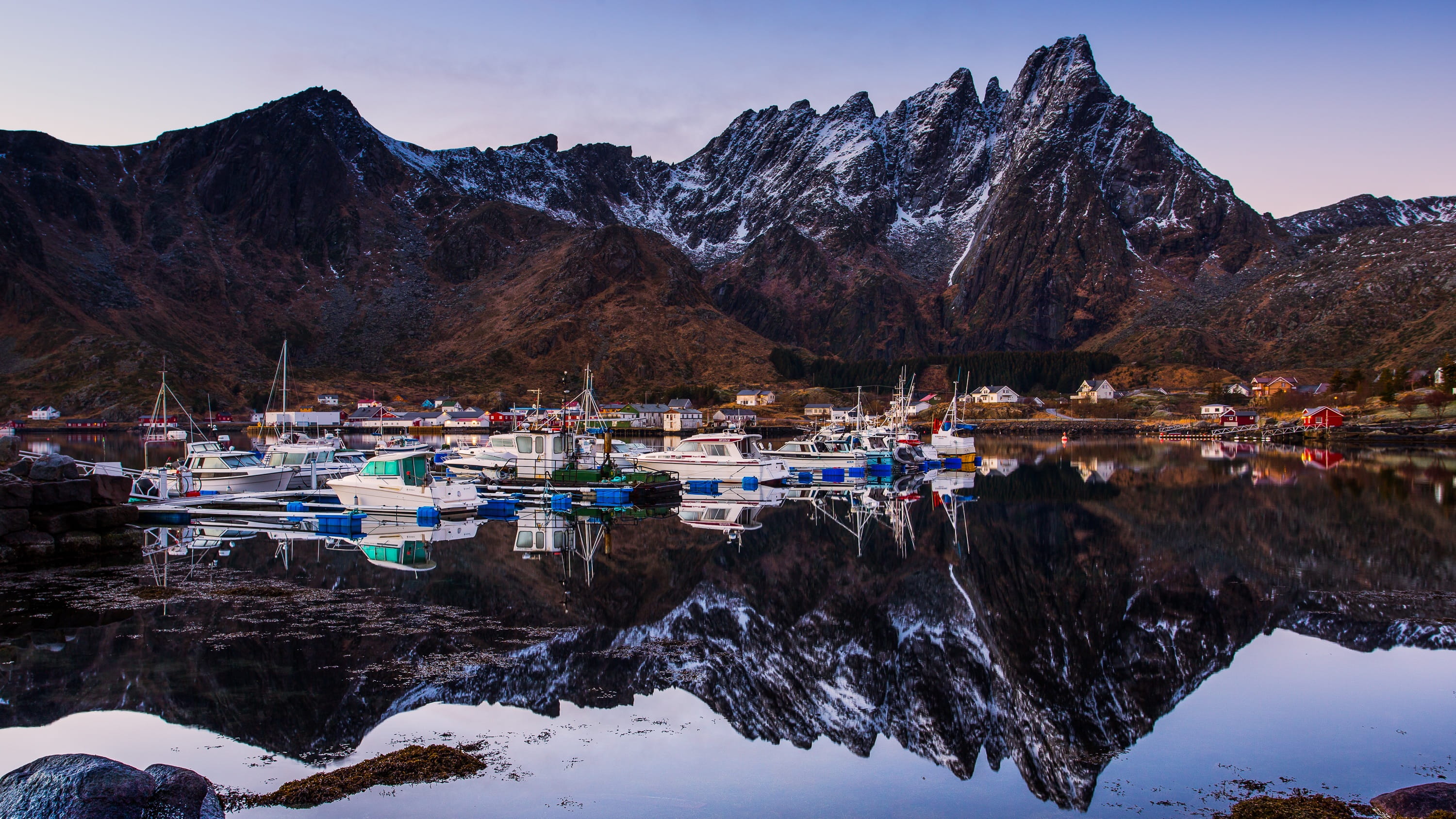 built structure, ballstad, boats, boat, mirroring, marina, snowcapped mountain, port, day, water, formation, beauty in nature, cold temperature, outdoors, HD Wallpaper