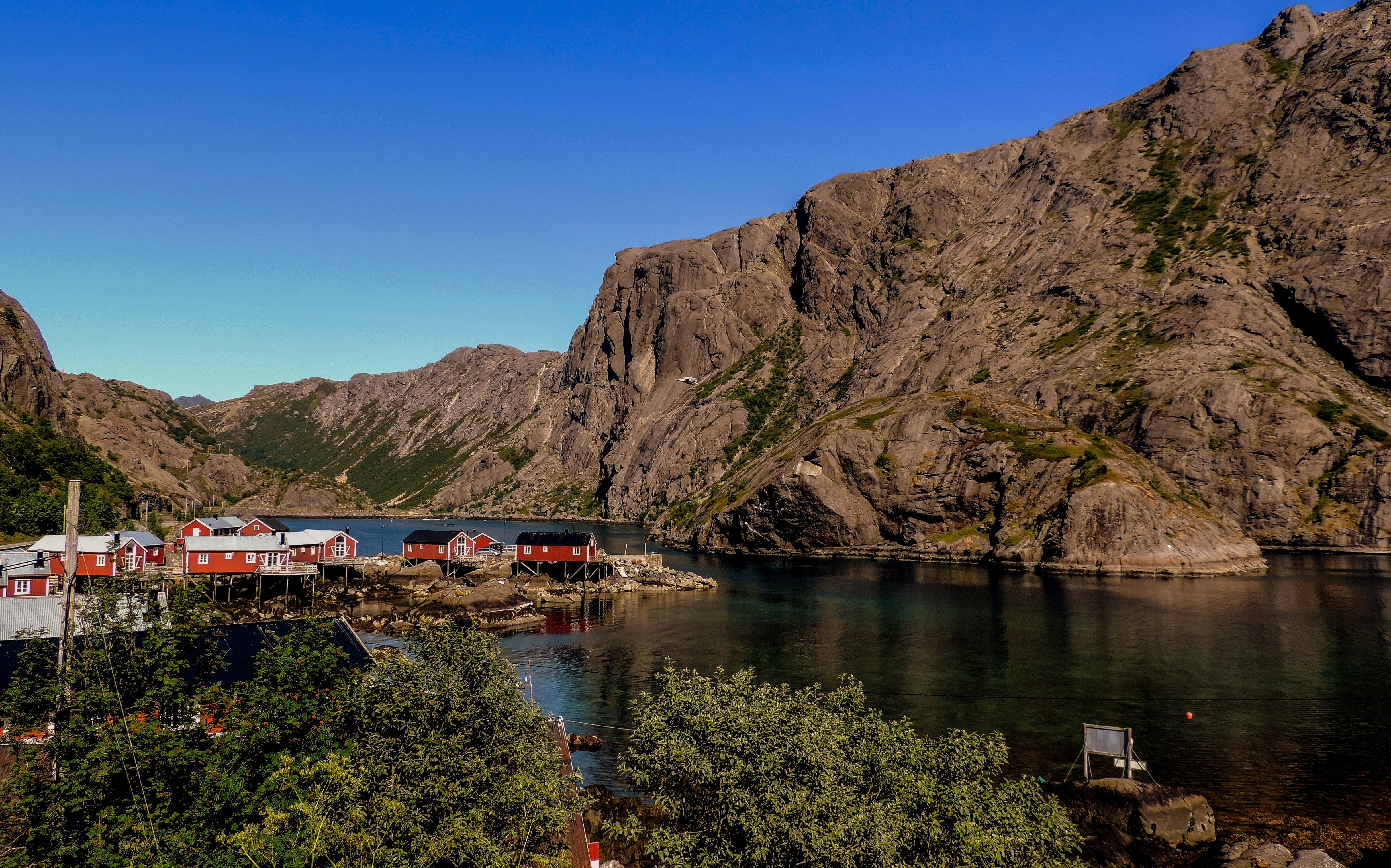 water, red, harbor, north, nordic, nature, vacation, clear sky, scenic, island, rock, outdoors, beauty in nature, europe, mountain range, building, tourism, HD Wallpaper