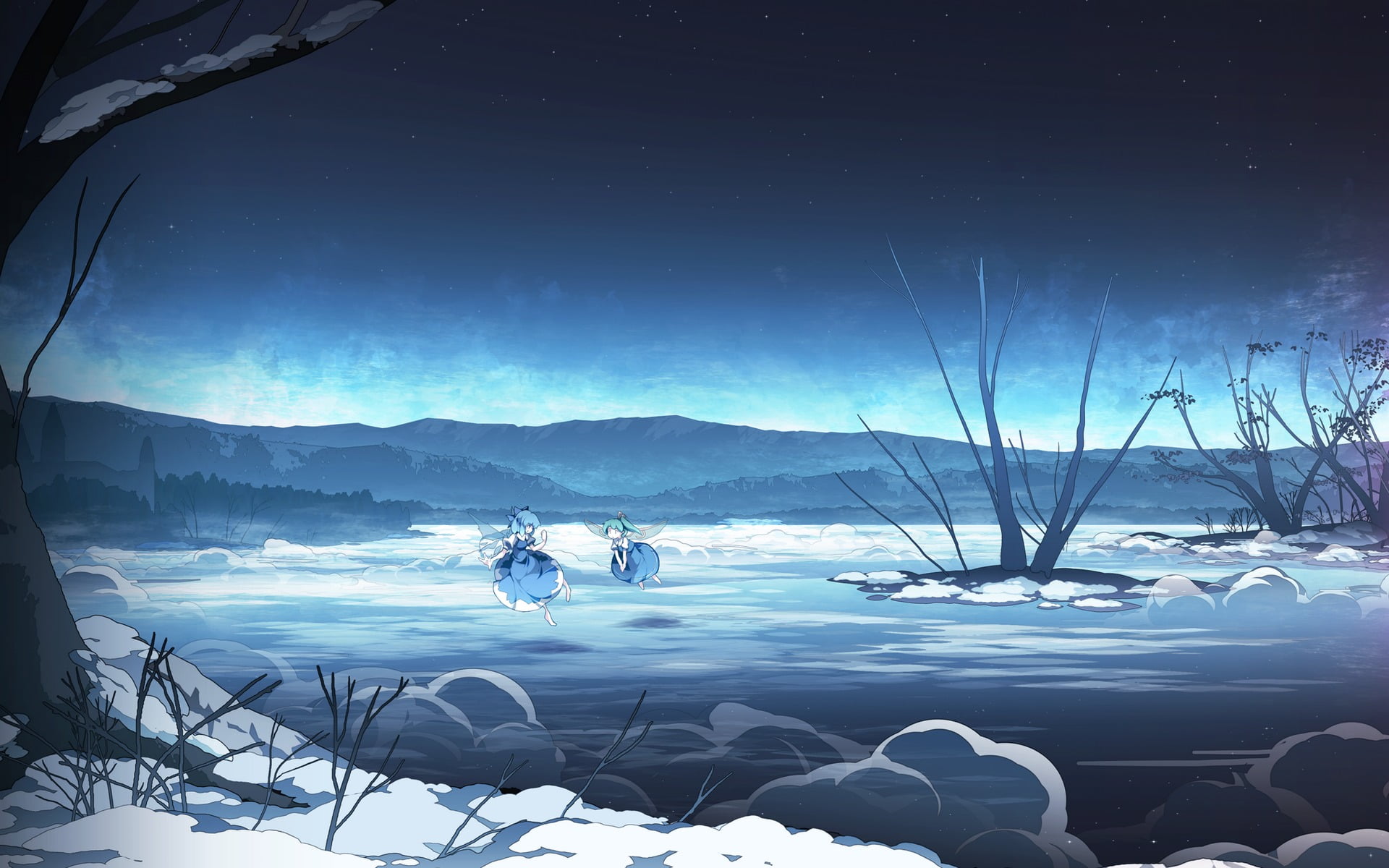 sky, illustration, winter, bare, snow, nature, mountain, water, beauty in nature, men, 1080P, cold temperature, two people, scenics - nature, adventure, HD Wallpaper