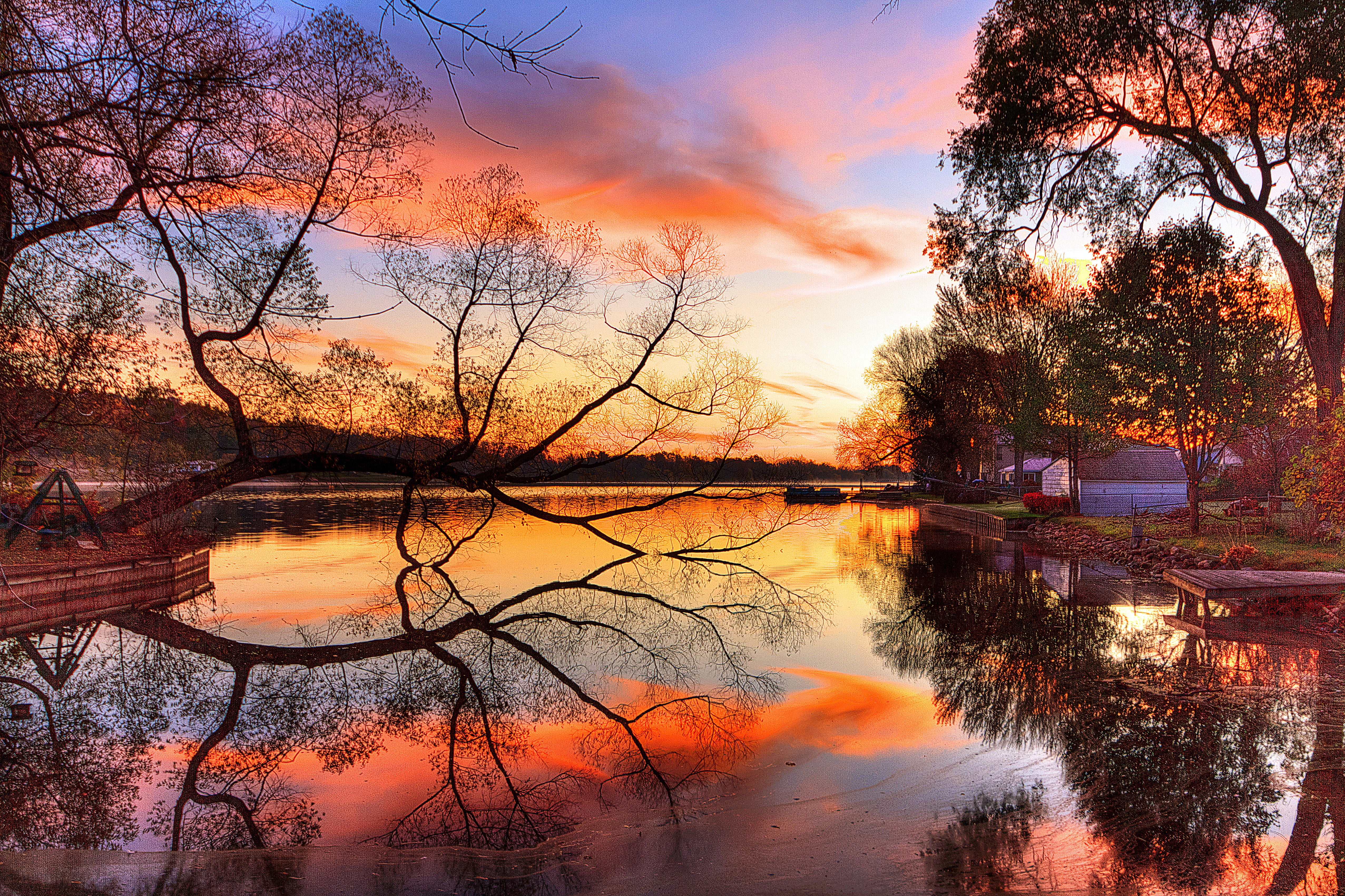 cloud - sky, reflection lake, autumn, season, vibrant Color, night, multi Colored, beach, sky, river, scenics, idyllic, outdoors, dusk, tranquil Scene, HD Wallpaper