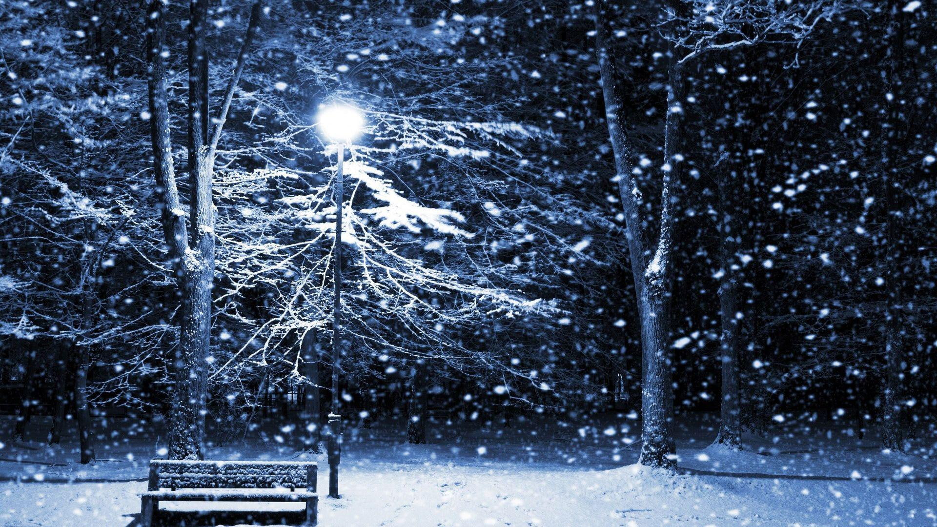 1080P, silent, winter, night, snow, lamp posts, posts, lamp, bench, HD Wallpaper