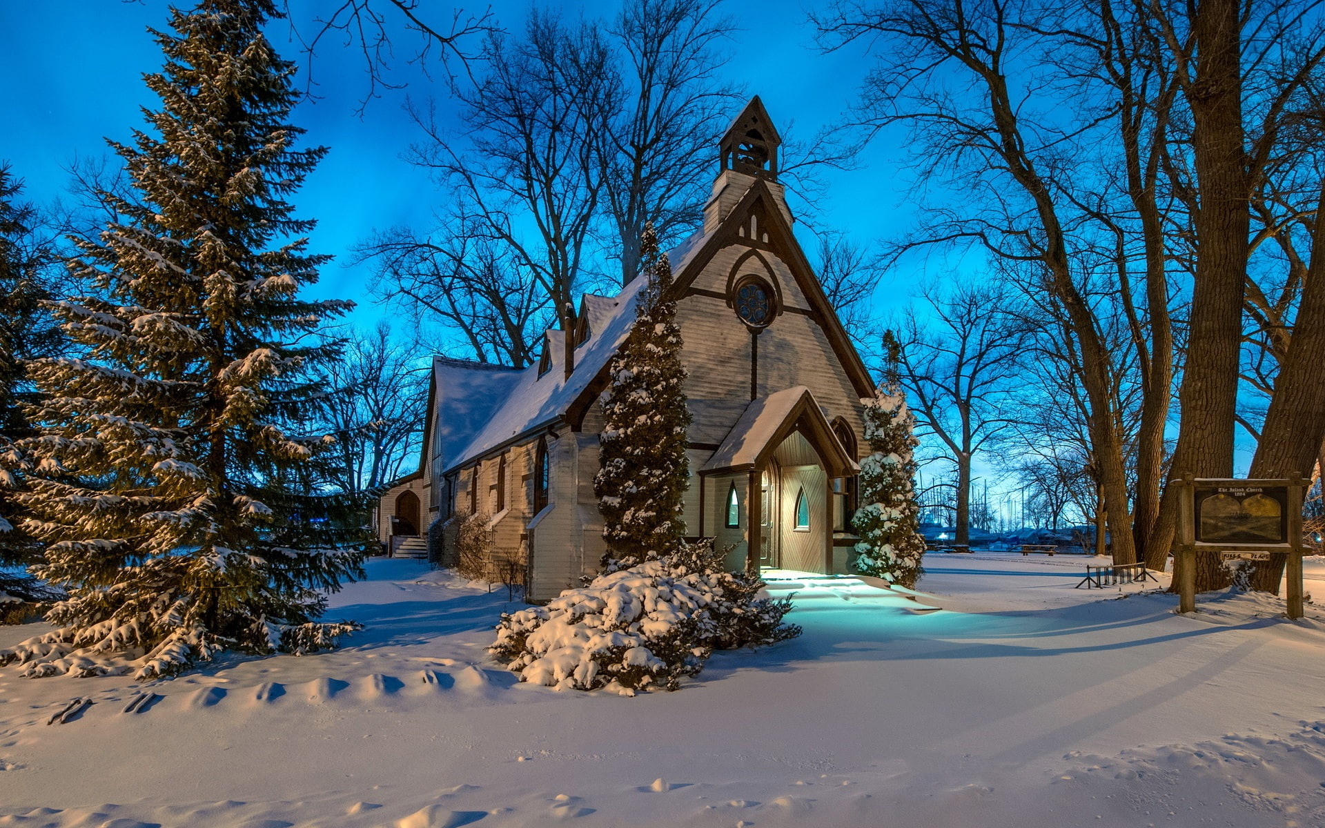 Snow, Trees, Night, Winter, Church, 1080P, HD Wallpaper