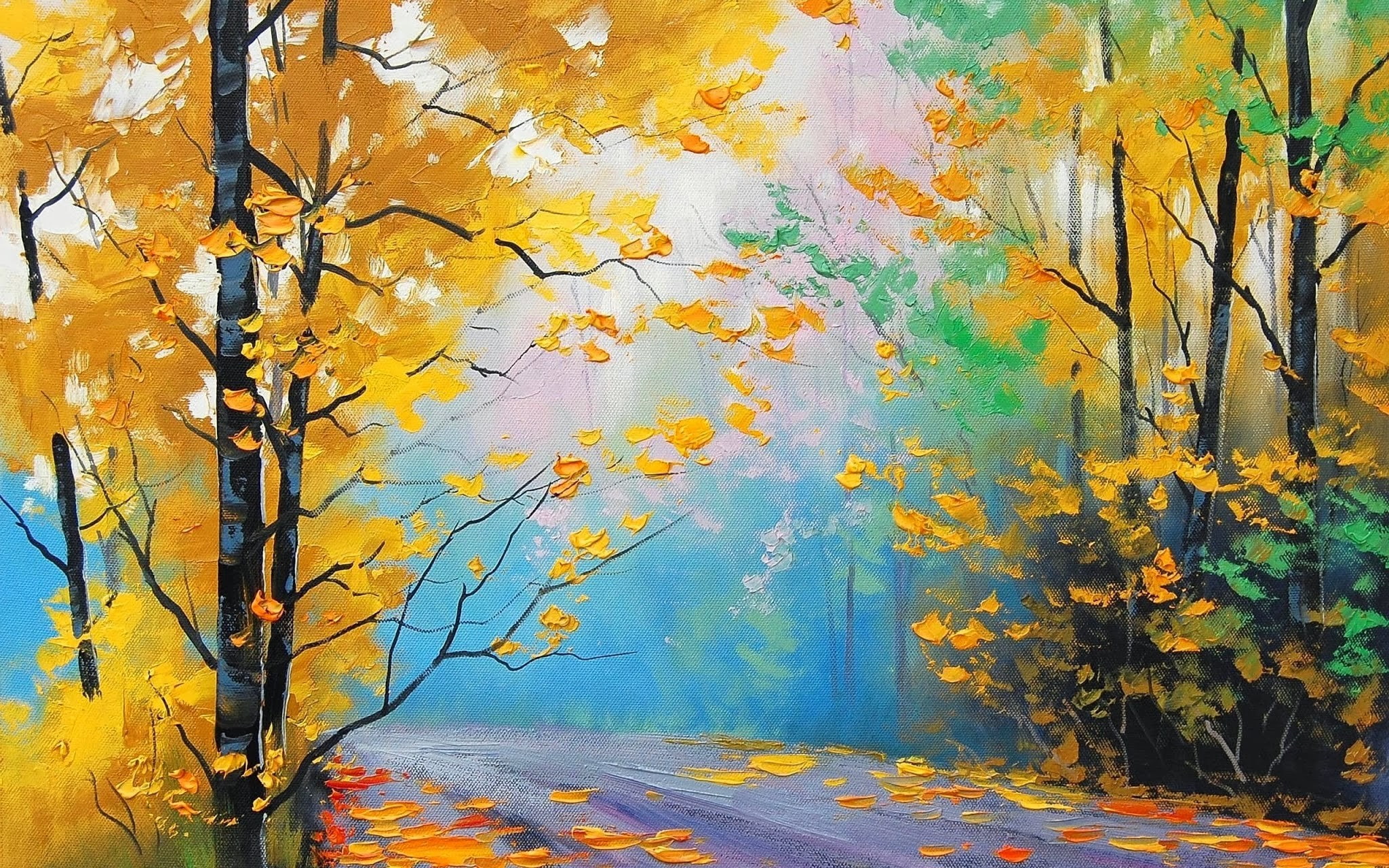 park, forest, artwork, Graham Gercken, leaves, painting, trees, fall, 1080P, HD Wallpaper