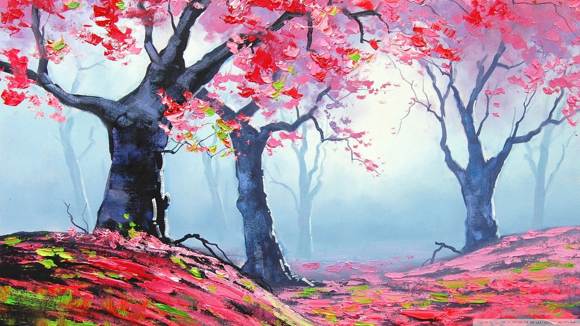 no people, autumn collection, trunk, scenics - nature, forest, red, land, painting pink forest graham gercken fall, autumn, landscape, branch, tree, plant, HD Wallpaper