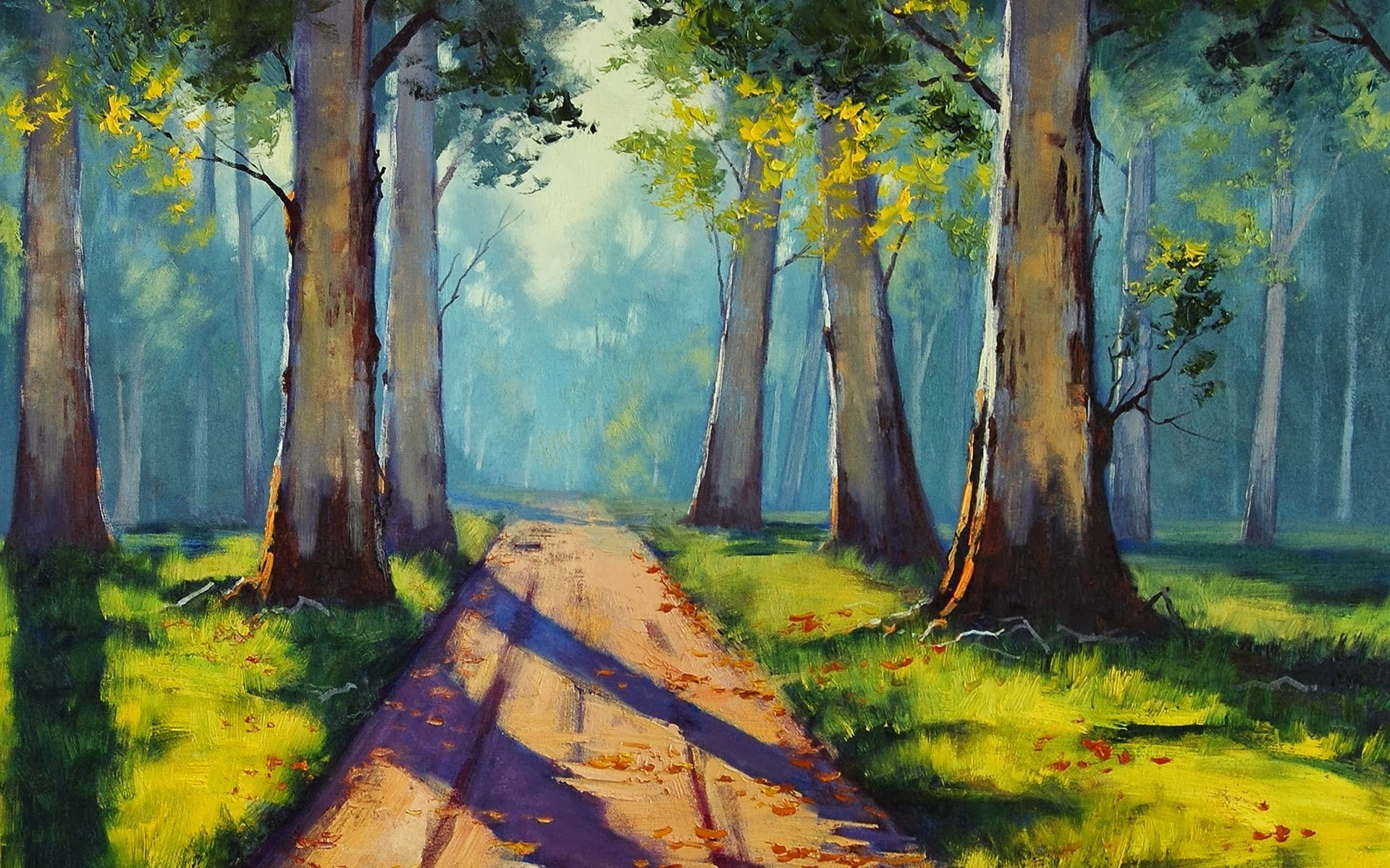 sunlight, path, Trees, Graham Gercken, forest, 1080P, painting, HD Wallpaper