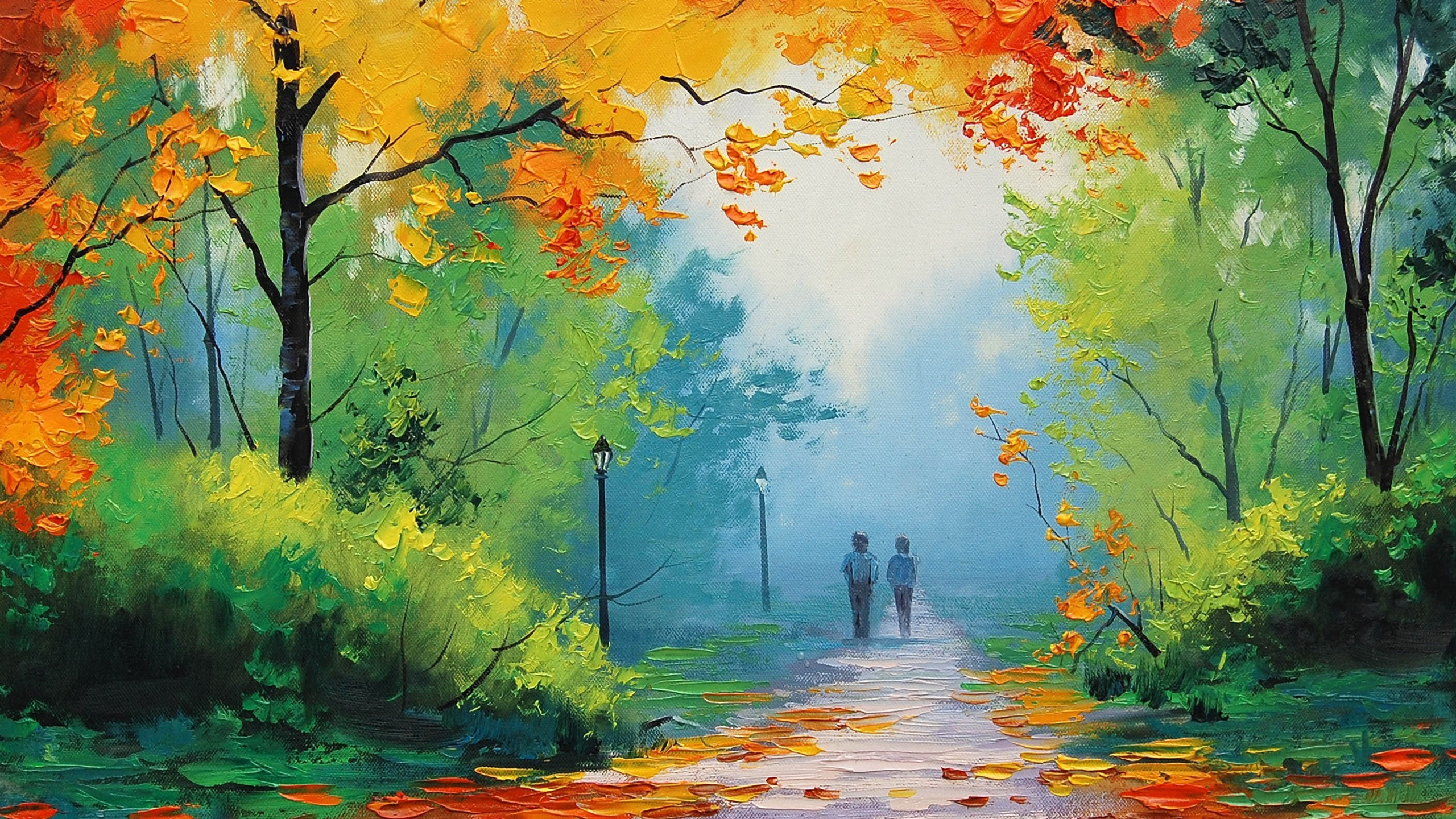 Trees, Fall, path, 2K, Graham Gercken, painting, HD Wallpaper