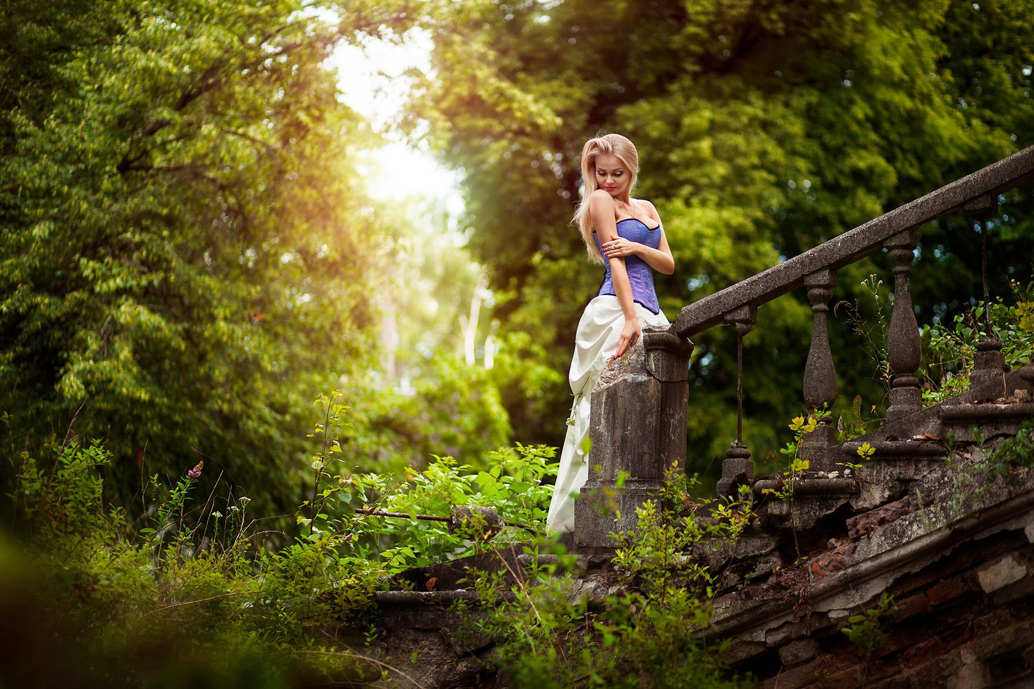 blue, corset, real people, women, land, outdoors, Anton Komar, plant, greens, forest, tree, tale, standing, s, one person, green color, day, old, sweetheart, HD Wallpaper
