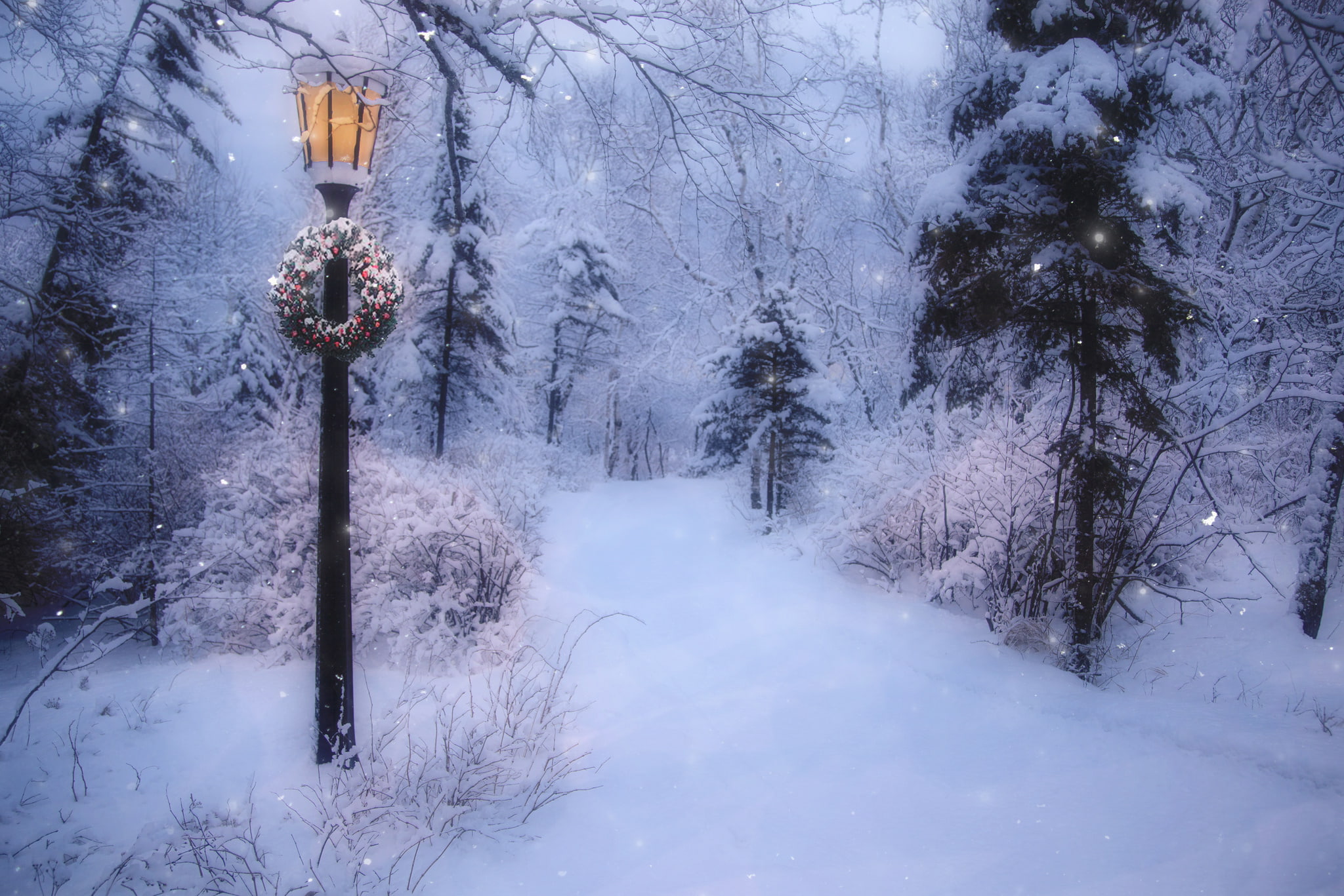 christmas, snow, road, 1080P, winter, earth, snowfall, wreath, HD Wallpaper