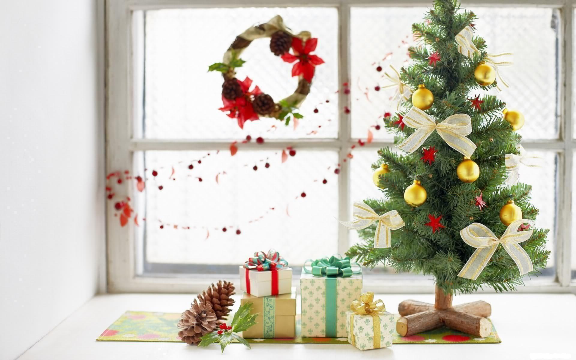 new, year, lump, tree, gifts, christmas, wreath, window, new year, holiday, 1080P, HD Wallpaper