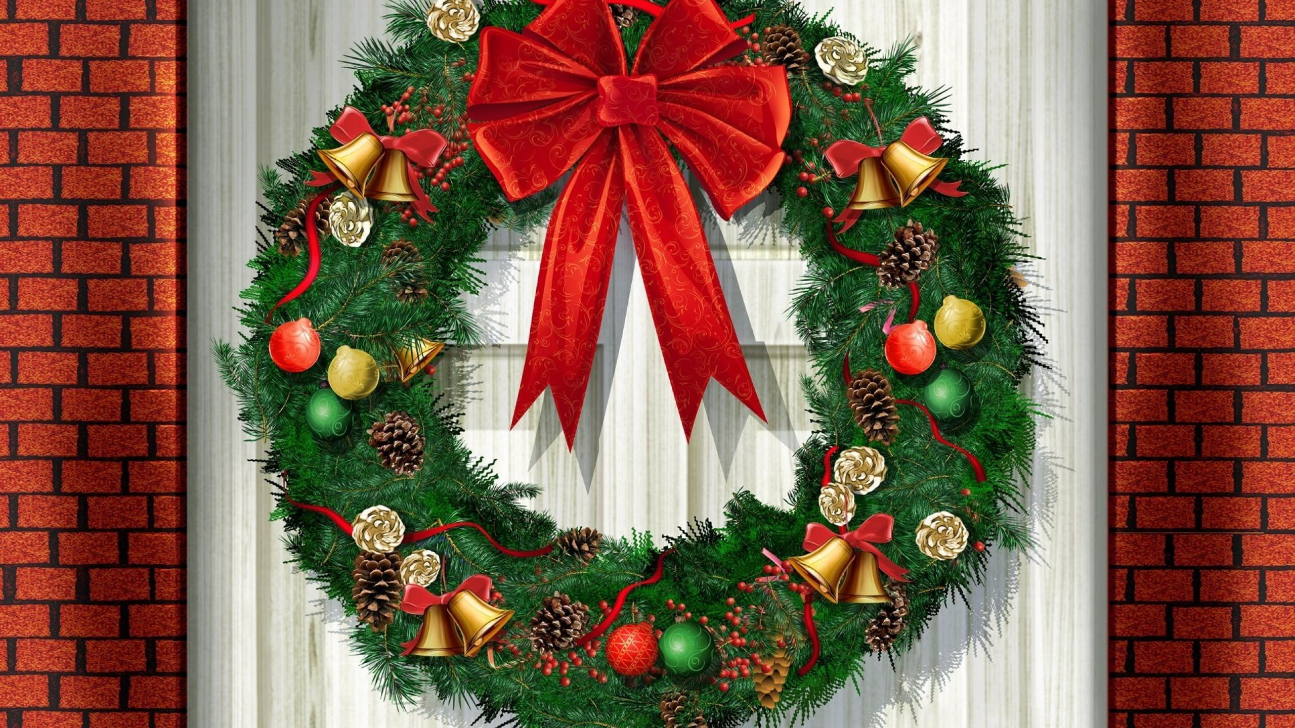 ribbon, branches, beautiful, colorful, snow, christmas, green, new year, 2K, house, nice, greenery, pretty, wreath, decora, lovely, christmsa, HD Wallpaper