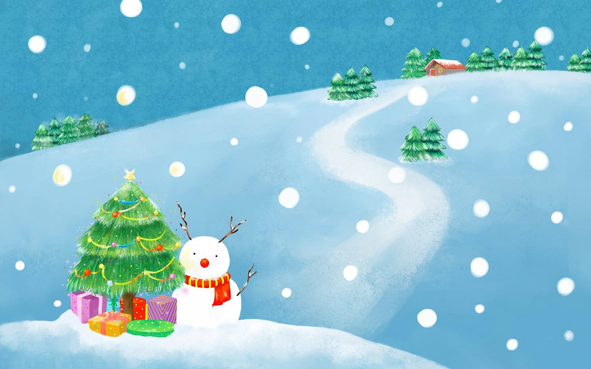 1080P, december, representation, santa Claus, winter, fir Tree, backgrounds, Christmas decorations, event, gift, painting, ornate, gifts, scarf, green Color, HD Wallpaper
