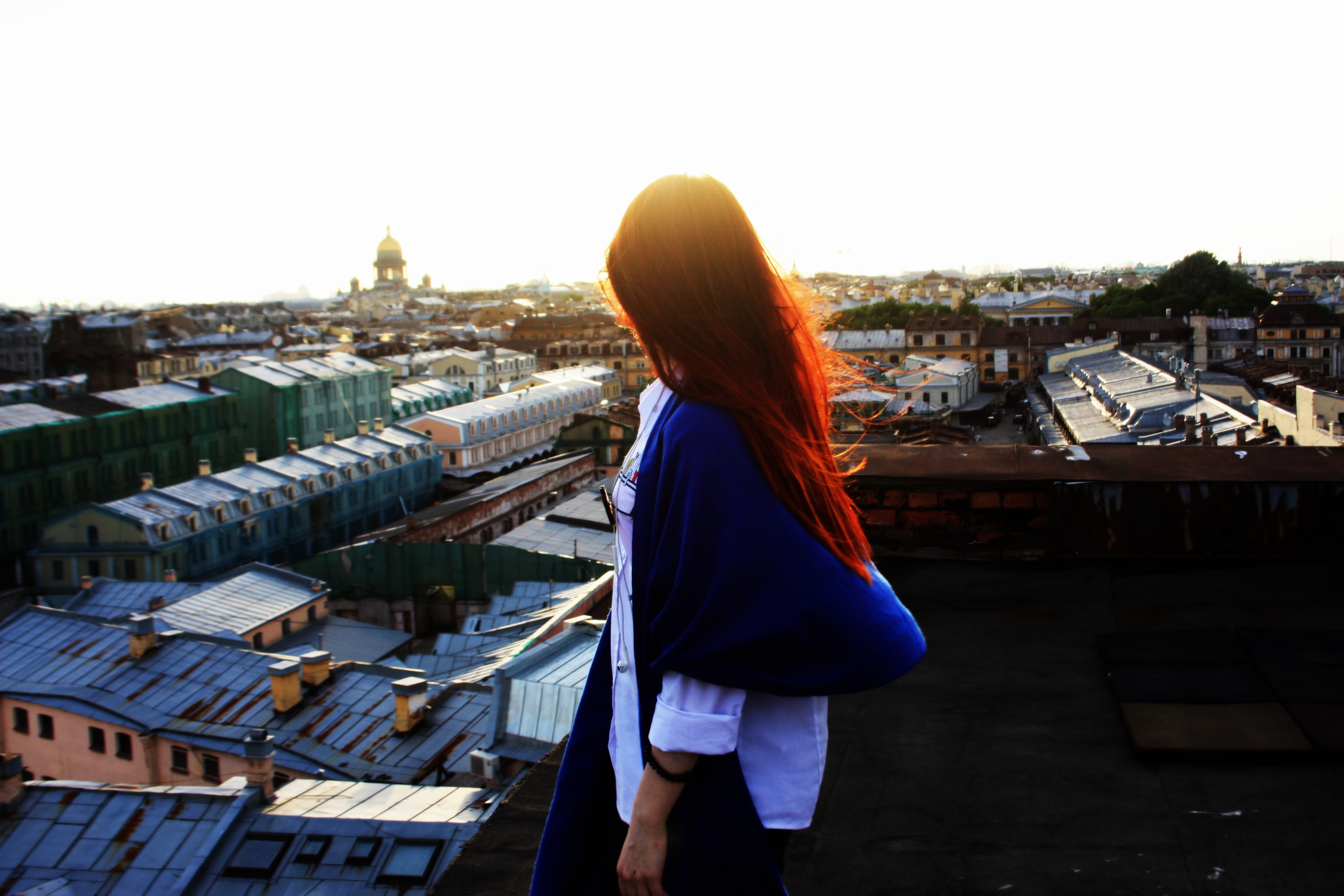 architecture, three quarter length, photoshoot, beautiful, woman, roof, russia, style, standing, posture, outdoors, body, city, adult, long hair, sky, looking at view, HD Wallpaper