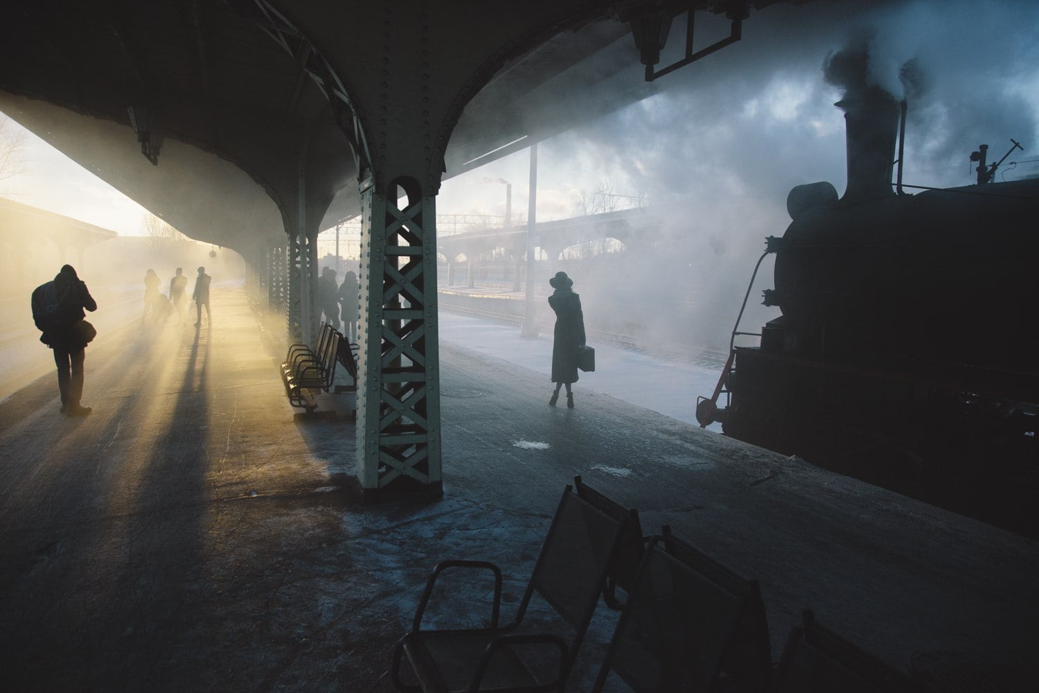 bench, men, lifestyles, photography, real people, silhouette, 500px, winter, full length, sunlight, built structure, St. Petersburg, railway, smoke, nature, HD Wallpaper