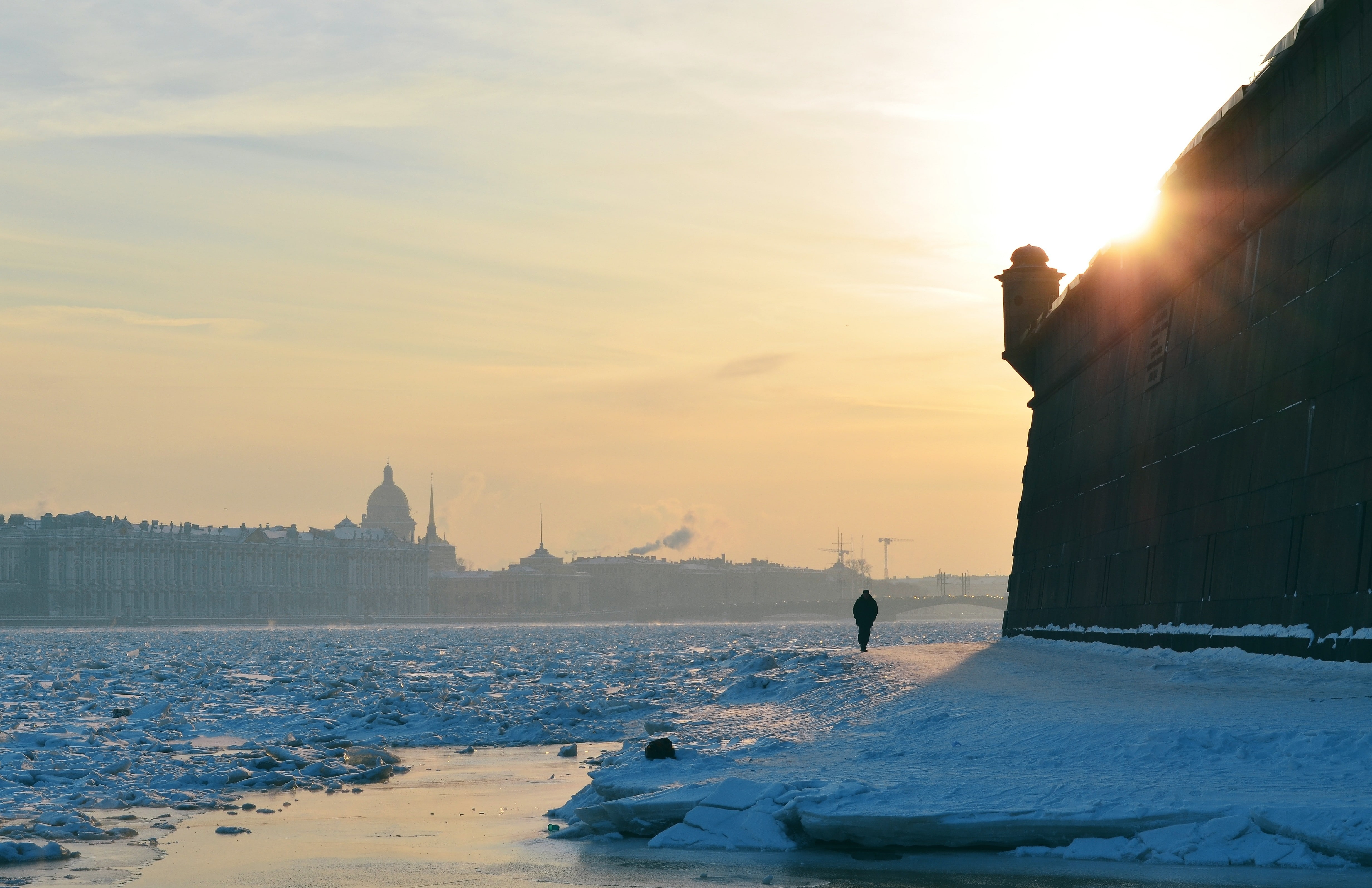 beauty in nature, sunset, transportation, cold temperature, built structure, St. Petersburg, nature, sky, sun, city, no people, architecture, winter, religion, HD Wallpaper