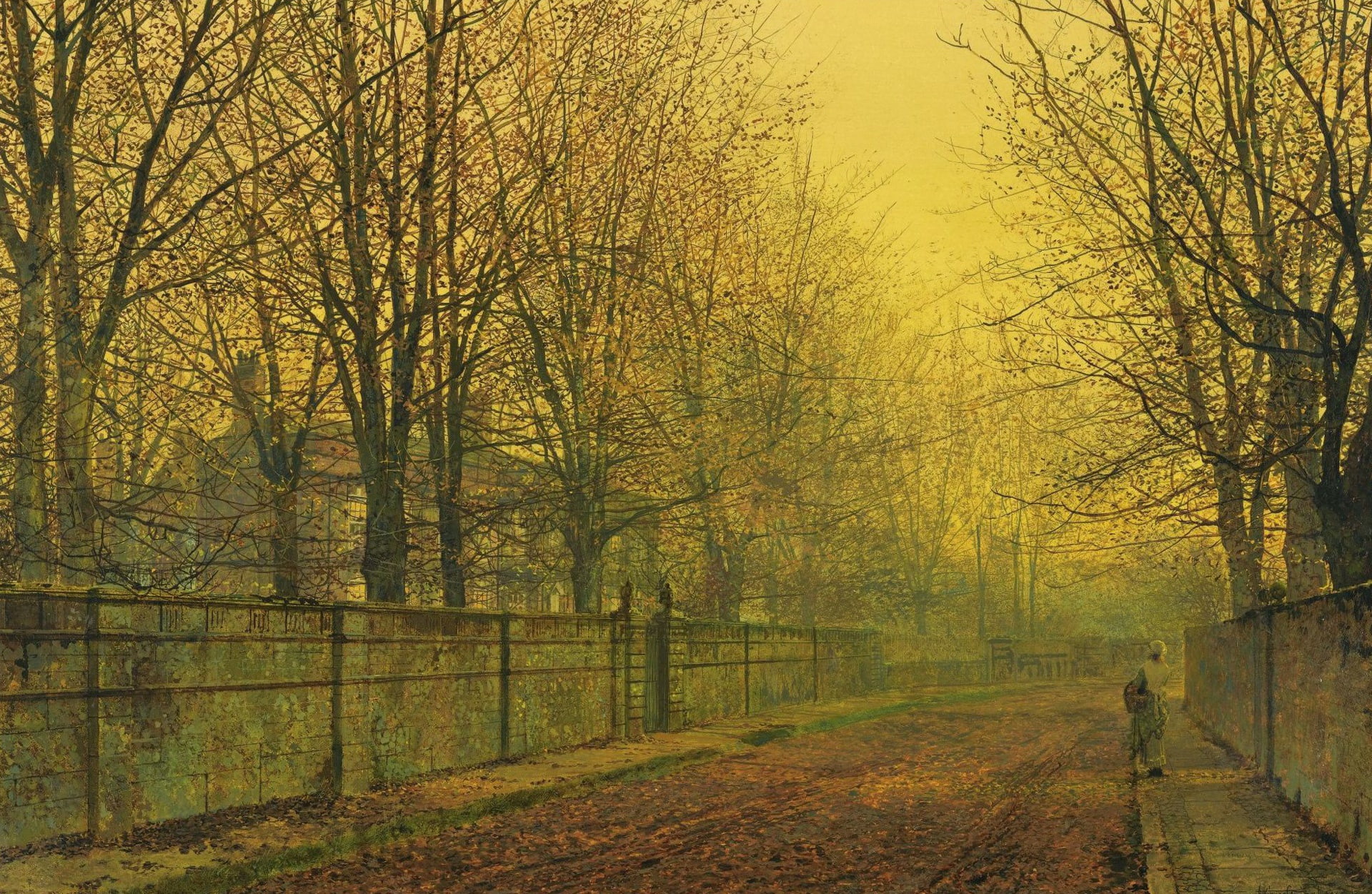 John Atkinson Grimshaw, landscape, street, the fence, The Golden Glow Of Autumn, trees, 1080P, picture, home, HD Wallpaper