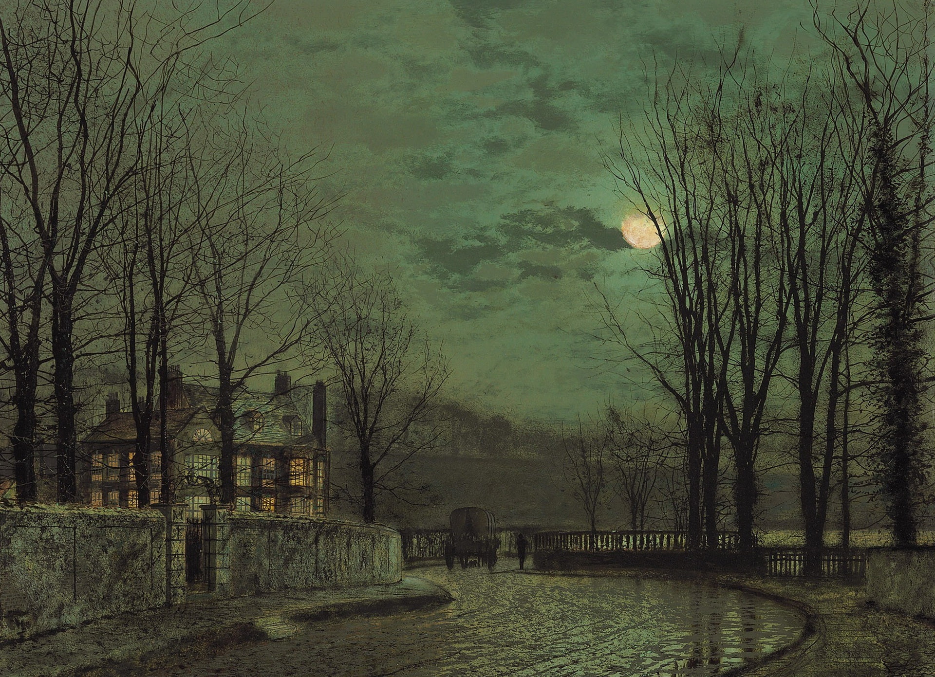 Moonlight in November, the fence, 1080P, house, trees, picture, wagon, John Atkinson Grimshaw, street, the urban landscape, HD Wallpaper