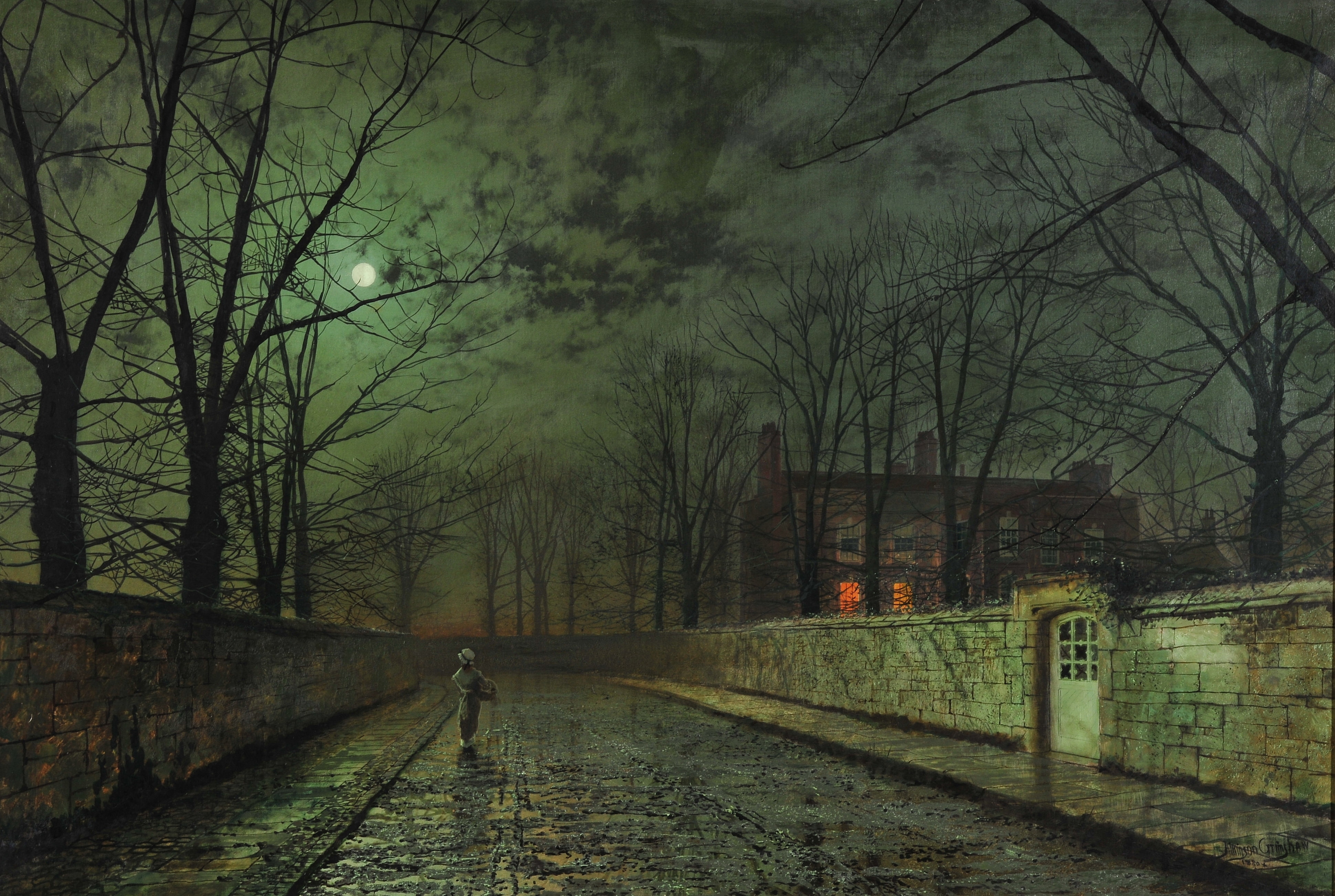street, darkness, clouds, house, the fence, the moon, the door, girl, 4K, John Atkinson Grimshaw, light, night, branches, autumn, road, wicket, picture, HD Wallpaper