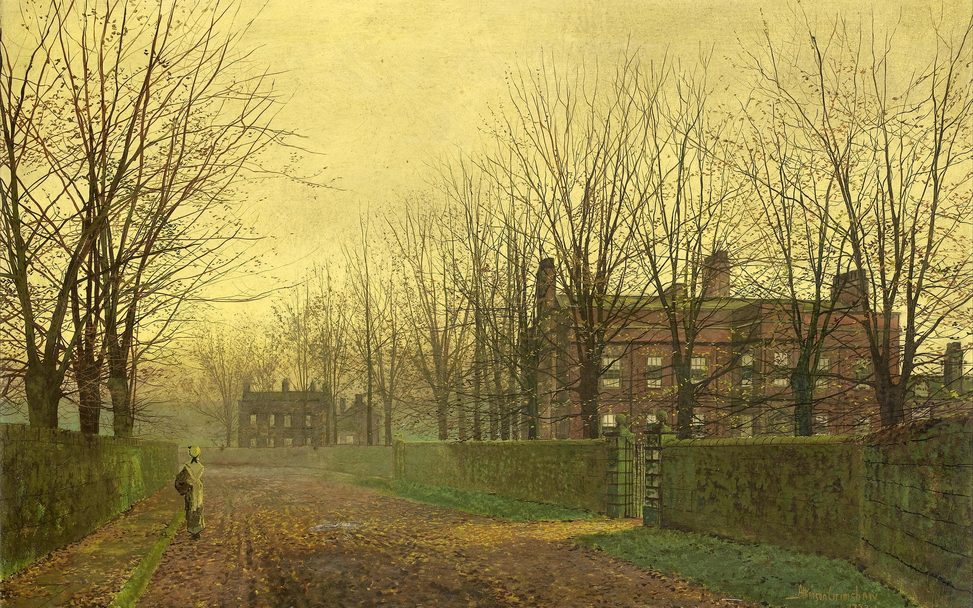 Fall, john, fence, painting, women, roads, autumn, Alley, 1080P, Girls, Grimshaw, females, houses, street, architecture, buildings, atkinson, HD Wallpaper
