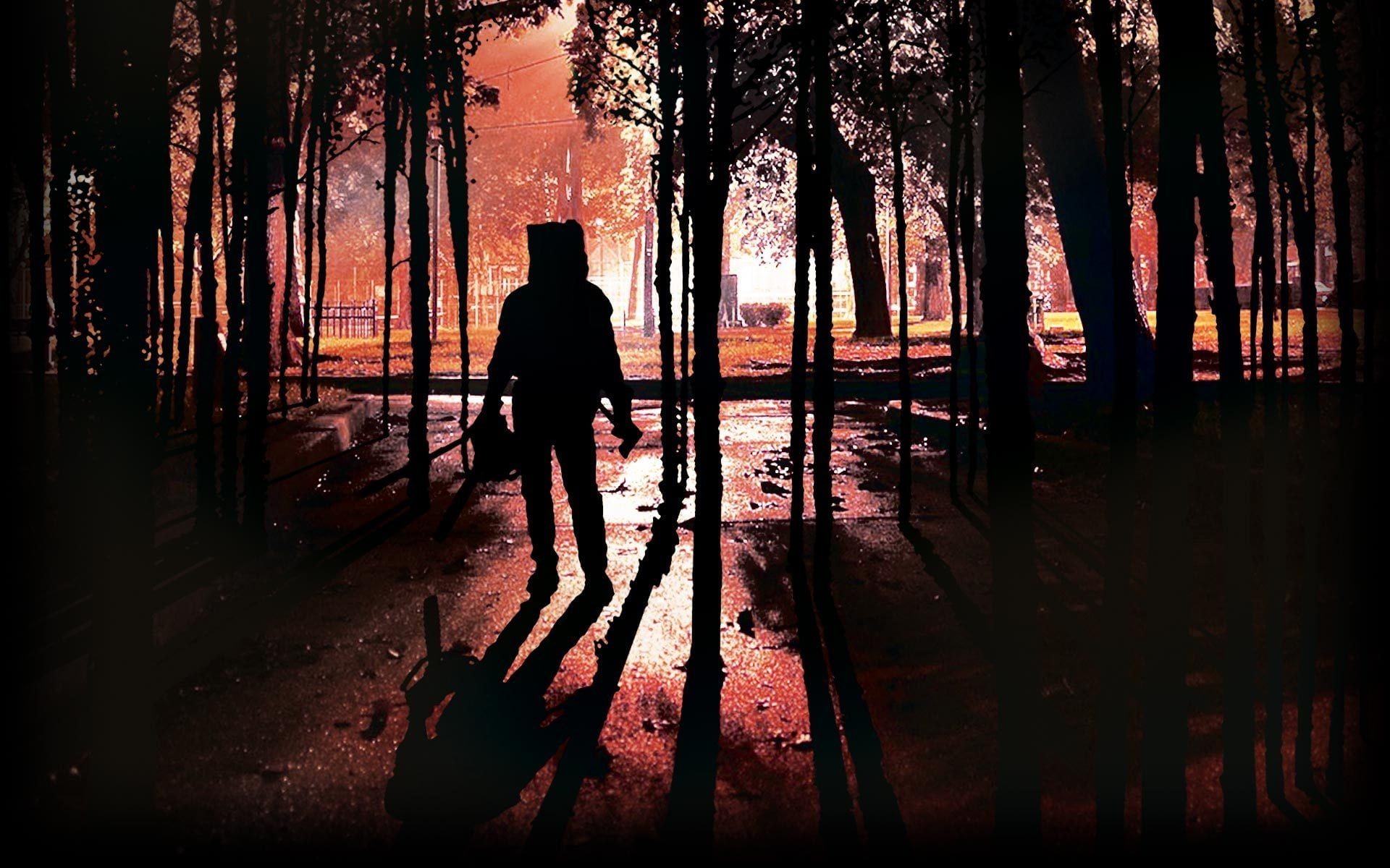 silhouette, Resident Evil, architecture, outdoors, rear view, one person, wet, standing, plant, tree, sunset, 1080P, lifestyles, real people, shadow, men, HD Wallpaper