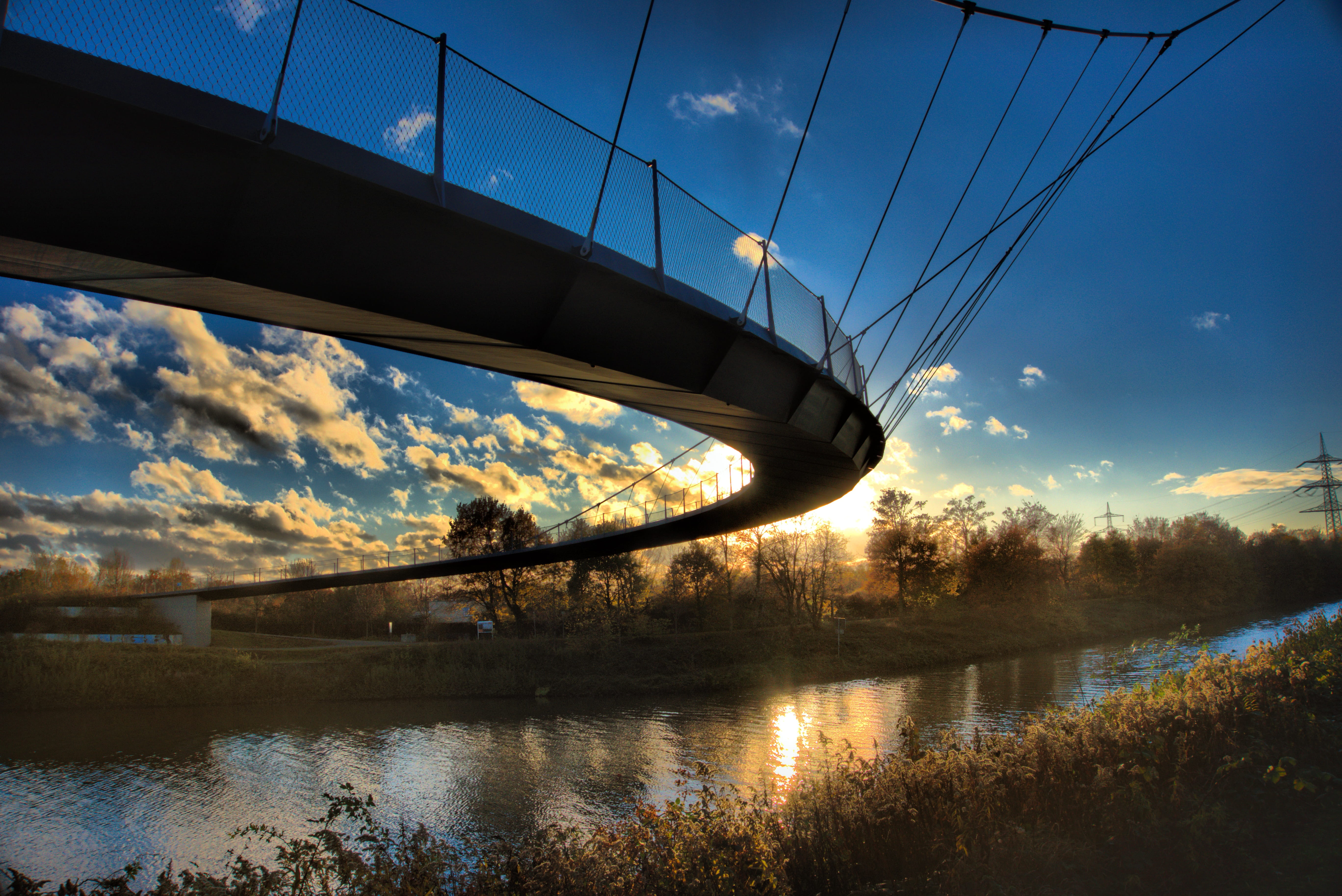 sky, transportation, tree, no people, plant, sunset, connection, bridge - man made structure, 5K, cloud - sky, gelsenkirchen, outdoors, water, nature, HD Wallpaper