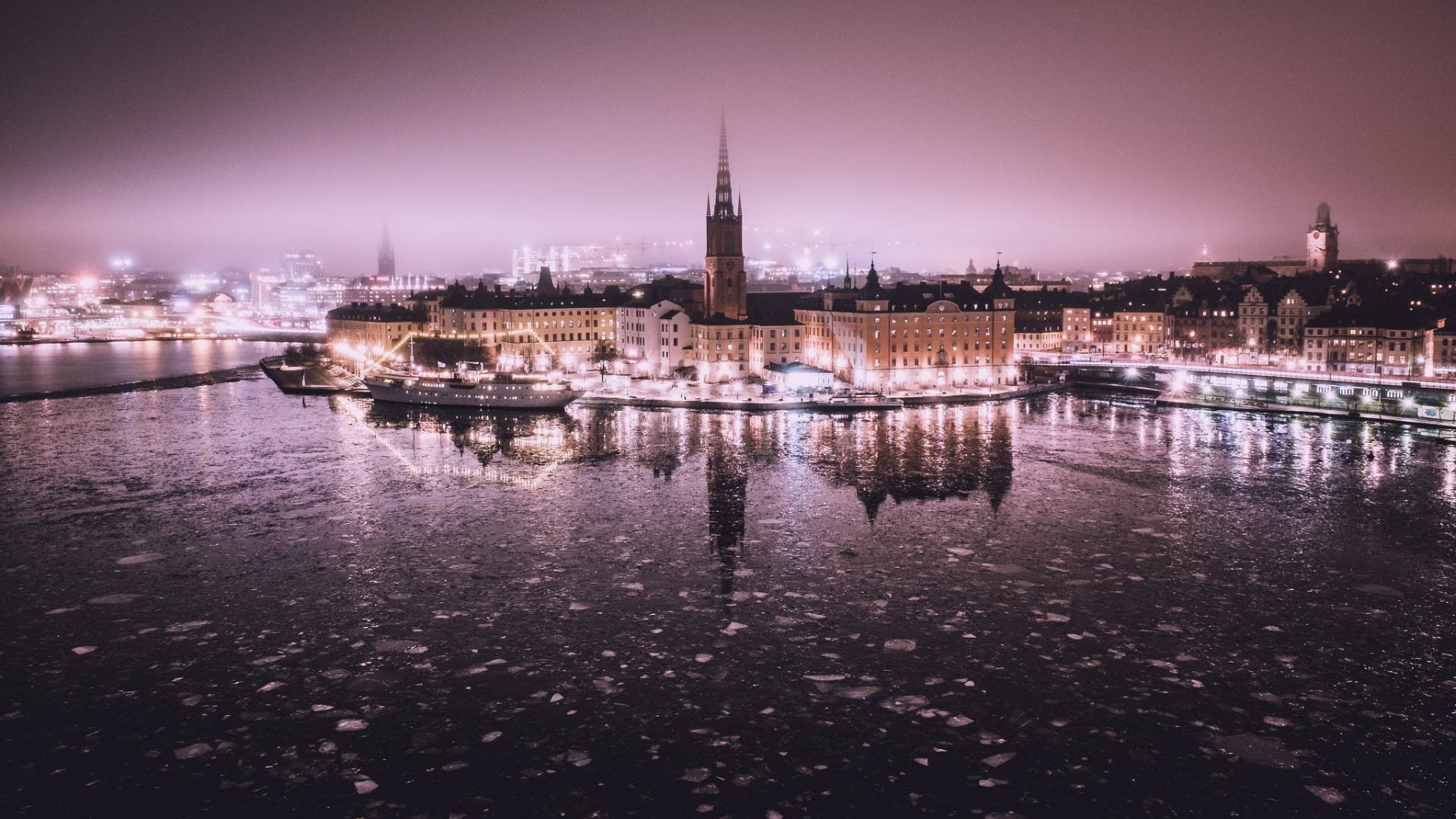 cityscape, night, sky, lights, water, 1080P, Stockholm, HD Wallpaper