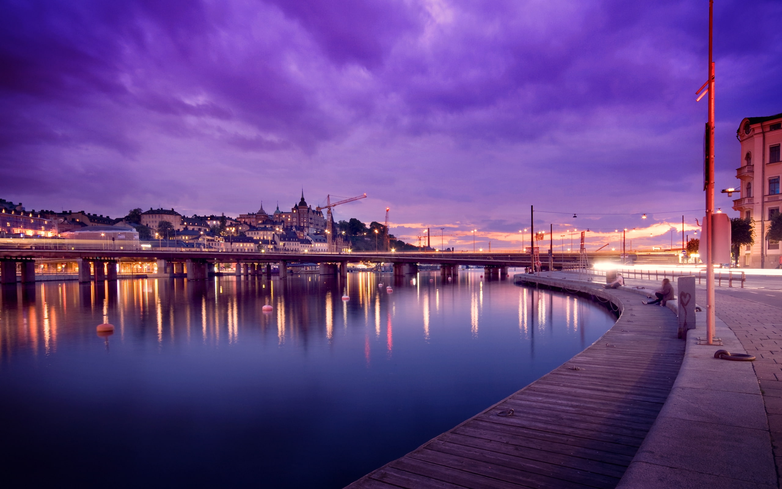 purple, city, sunset, 2K, sweden, water, urban, sky, stockholm, HD Wallpaper
