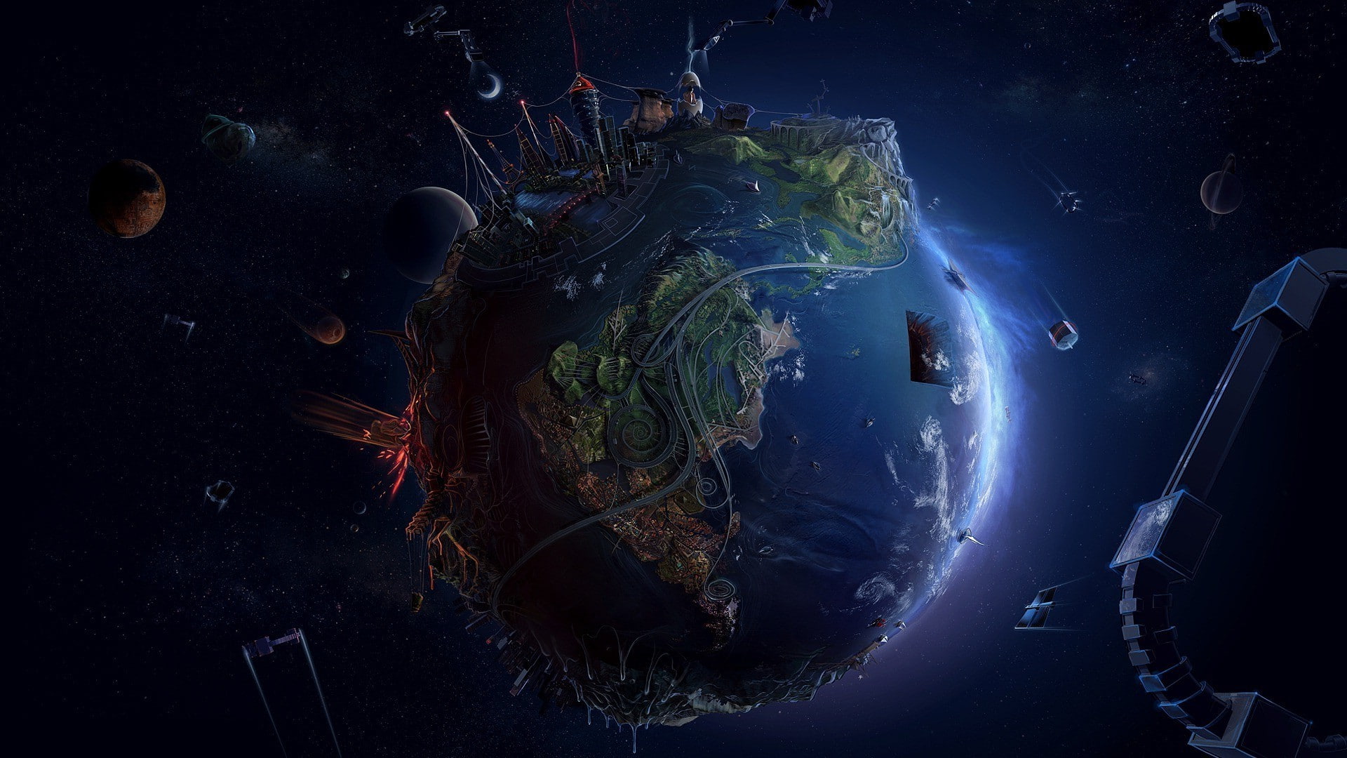 anime planet abstract earth space david fuhrer, 1080P, outdoors, sea, adventure, globe - man made object, no people, travel, air vehicle, water, space, HD Wallpaper