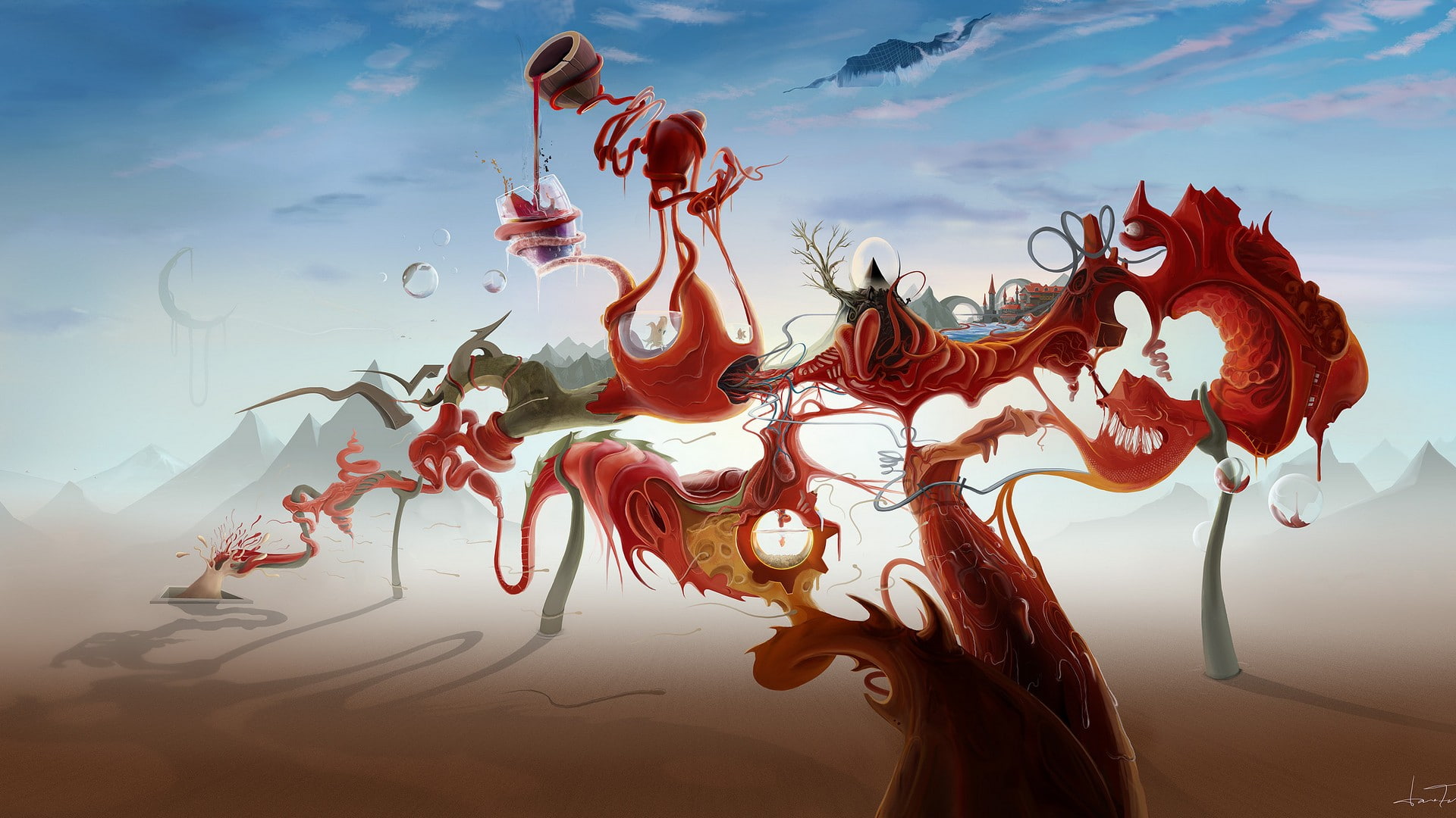 David Fuhrer, surreal, 1080P, castle, bubbles, mountains, artwork, shadow, HD Wallpaper