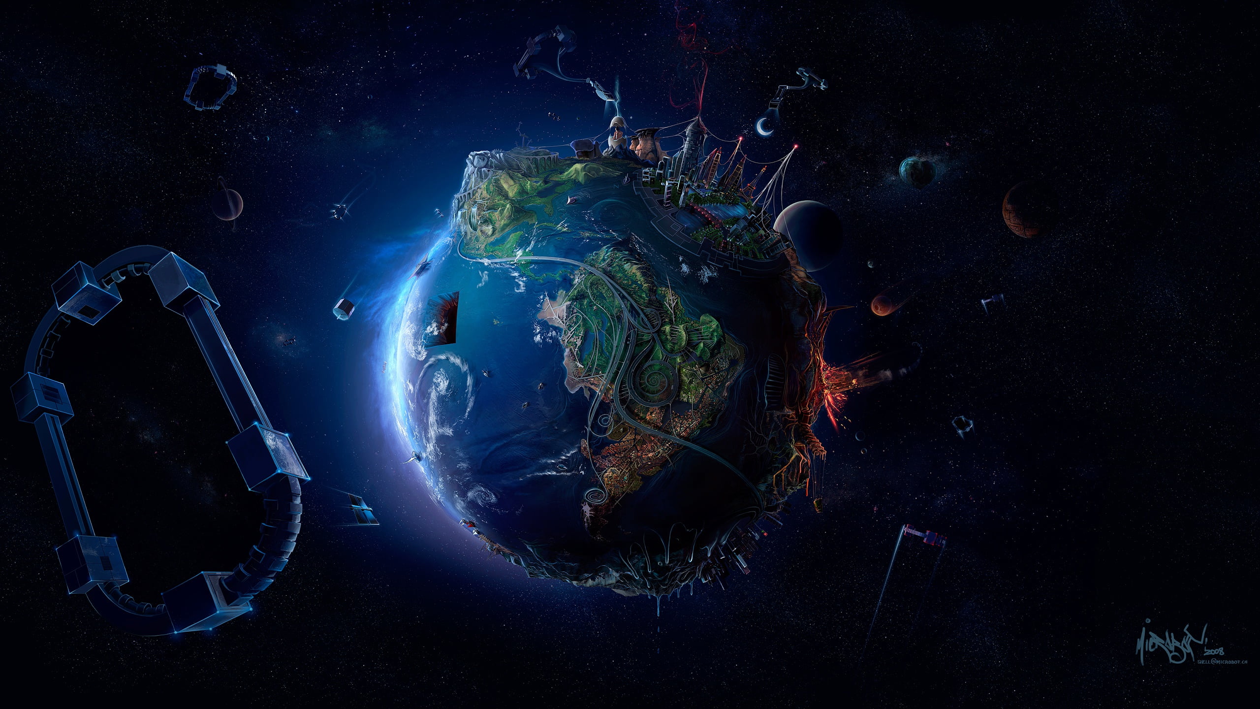 globe - man made object, creative, art, render, stars, planet - space, sea, no people, marine, 2K, swimming, graphics, animal themes, nature, David Fuhrer, HD Wallpaper