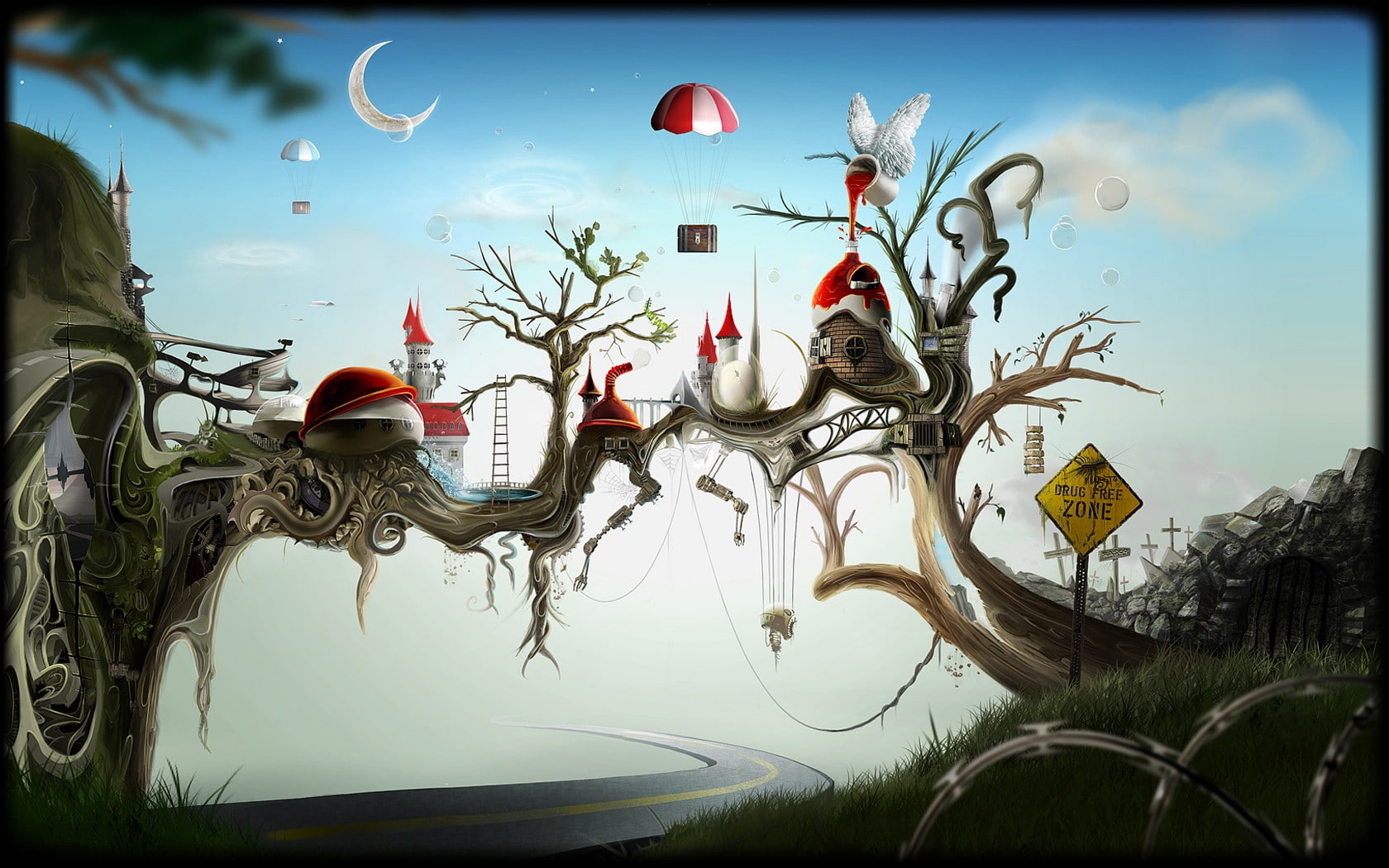 barbed wire, 720P, digital art, wings, trees, branch, Moon, signs, bench, road, building, artwork, ladders, castle, fantasy art, surreal, David Fuhrer, HD Wallpaper