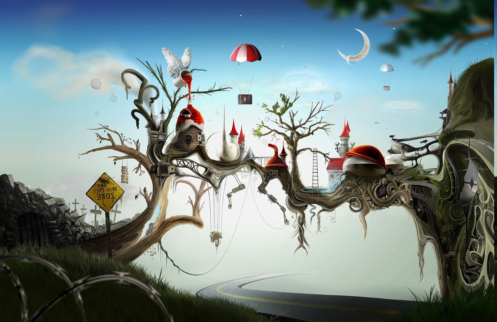 hanging, artwork, signs, ladders, built structure, outdoors, David Fuhrer, sky, no people, creativity, digital art, water, animal representation, road, HD Wallpaper