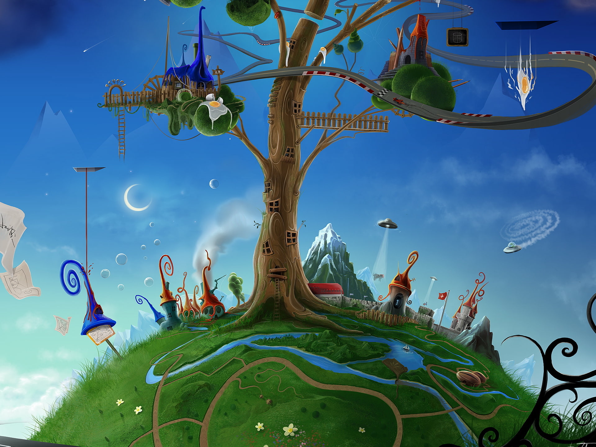 growth, cloud - sky, day, no people, landscape, street, nature, low angle view, fantasy, beauty in nature, decoration, sky, houses, representation, digital composite, HD Wallpaper