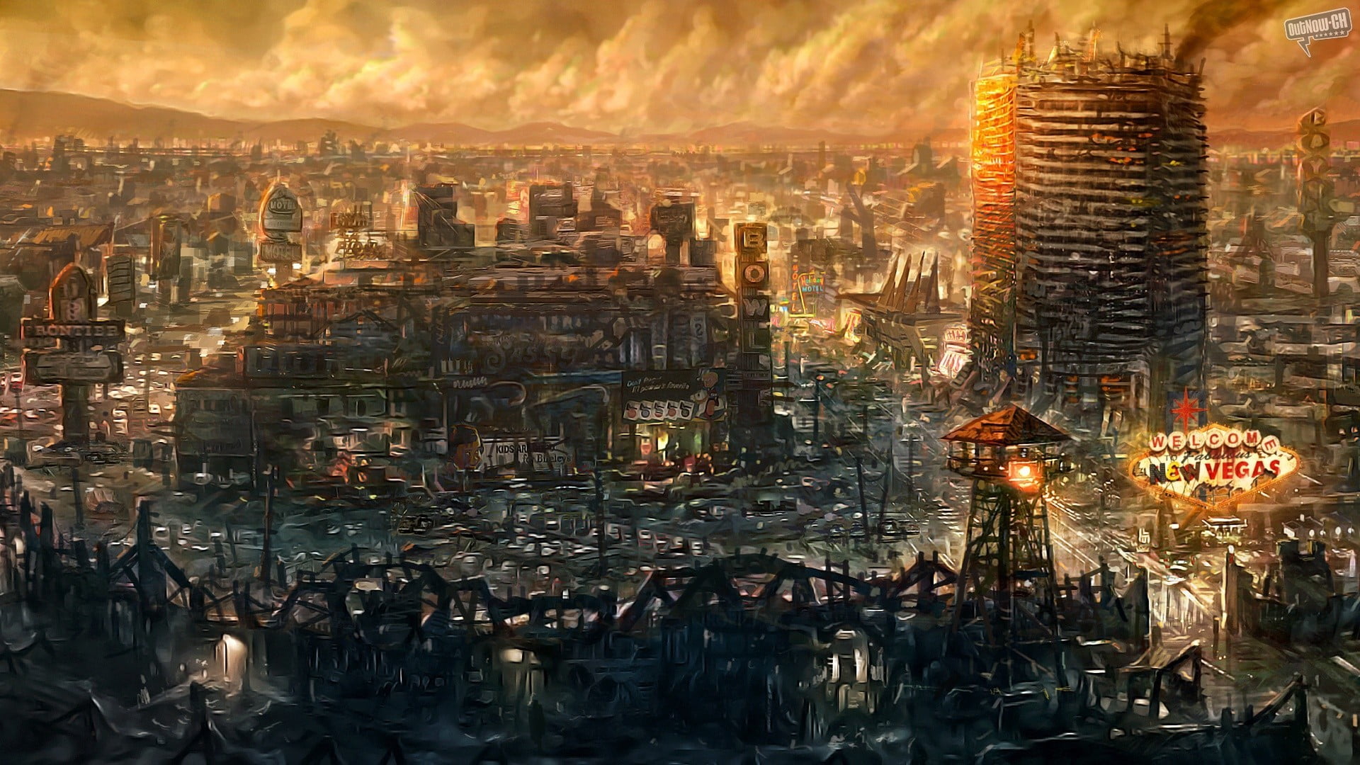 building exterior, tourism, sky, video games, residential district, travel destinations, city, architecture, cityscape, nature, illustration, dusk, Fallout: New Vegas, HD Wallpaper