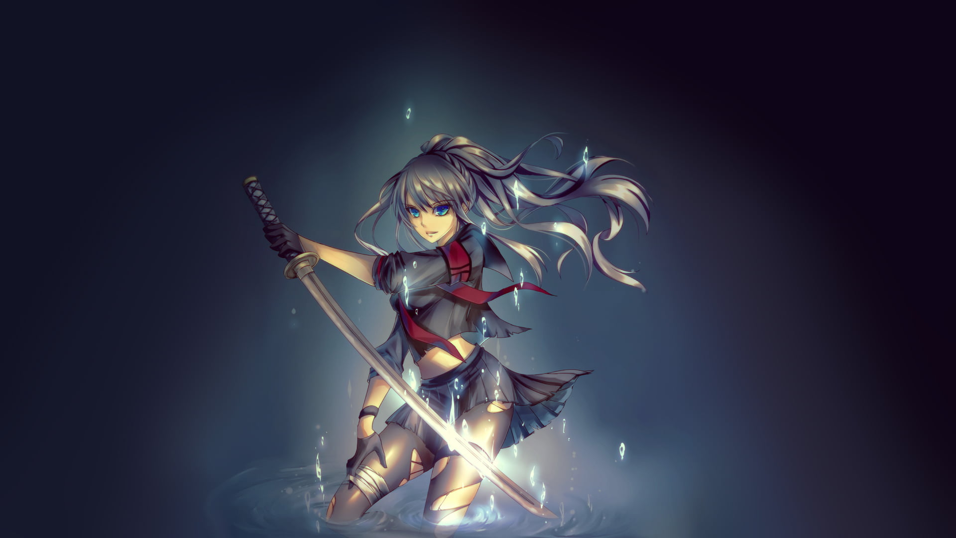 original characters, 1080P, gloves, long hair, anime girls, skirt, sword, tights, blue eyes, torn clothes, water, simple background, HD Wallpaper