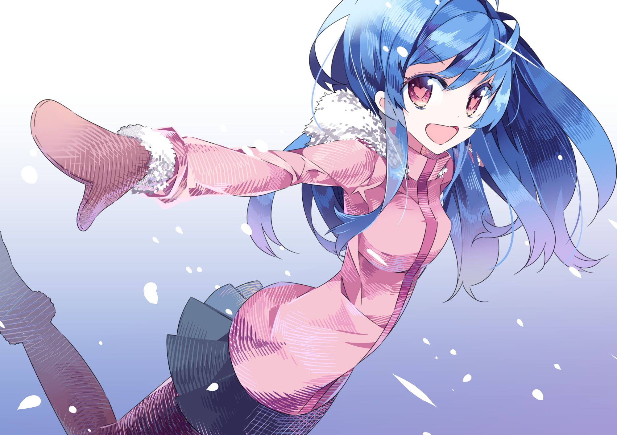 skirt, tights, heart, snow, jacket, look, girl, background, mittens, art, winter, smile, 1080P, haruse hiroki, HD Wallpaper