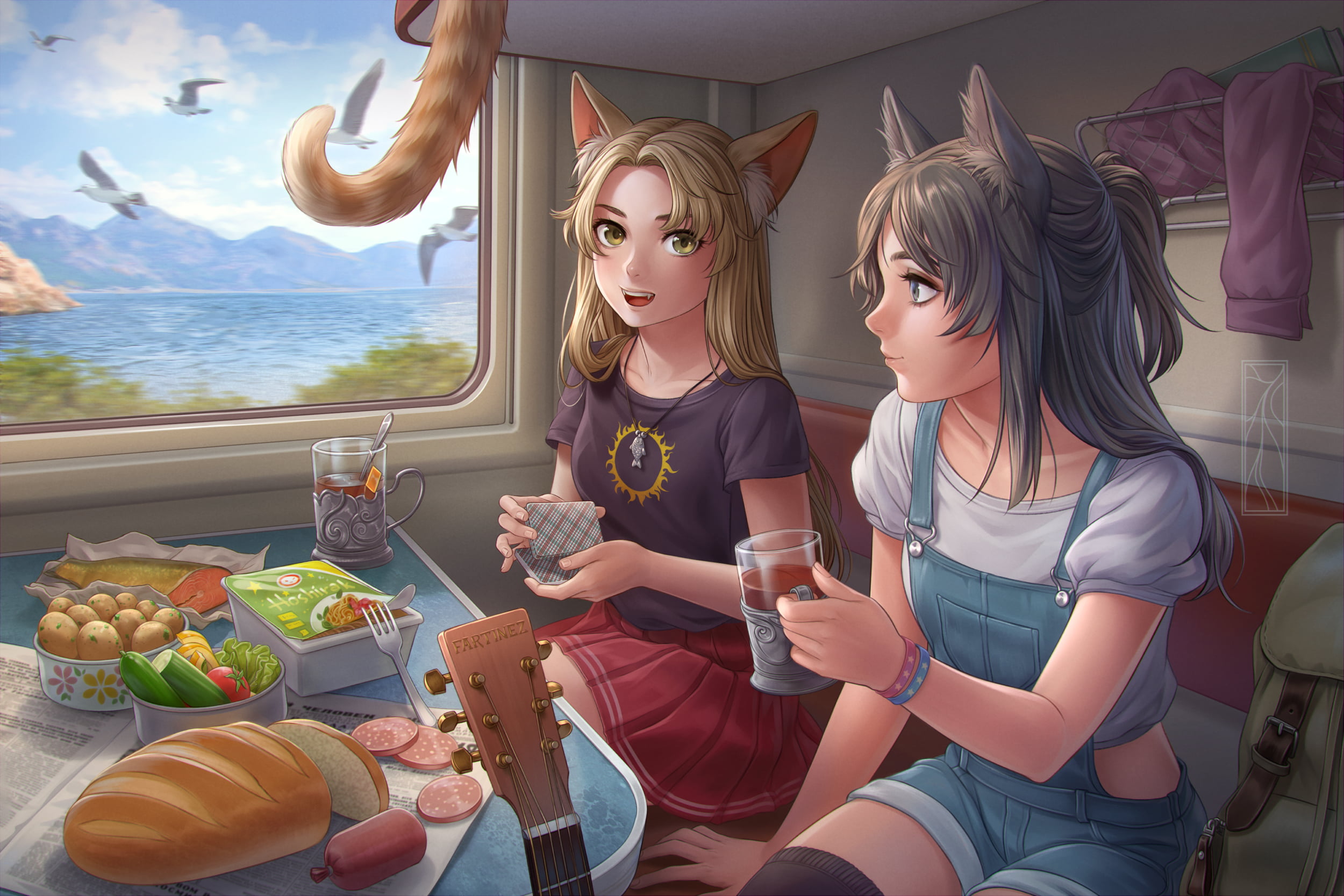 backpacks, yellow hair, sky, brunette, dark hair, blue eyes, cat tail, clouds, skirt, guitar, cat eyes, train, anime, 1080P, birds, bread, green eyes, HD Wallpaper