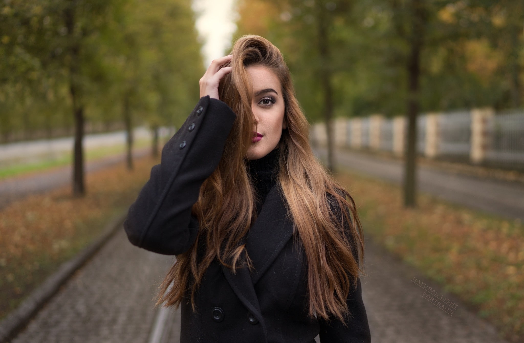 leather, hairstyle, looking at viewer, hair in face, hands on head, long hair, outdoors, hair, standing, black coat, young adult, depth of field, portrait, HD Wallpaper